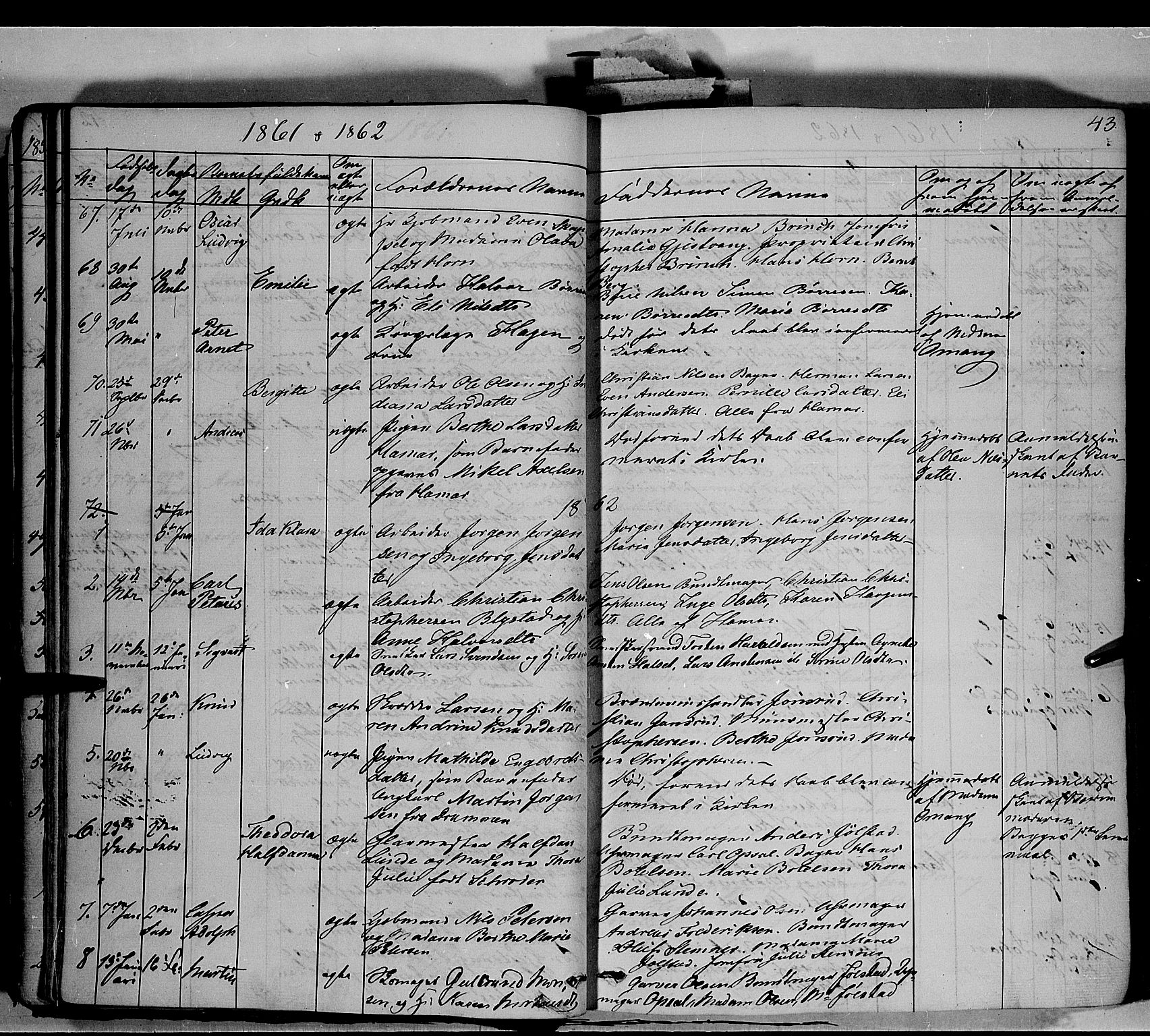 Vang prestekontor, Hedmark, SAH/PREST-008/H/Ha/Haa/L0011: Parish register (official) no. 11, 1852-1877, p. 43