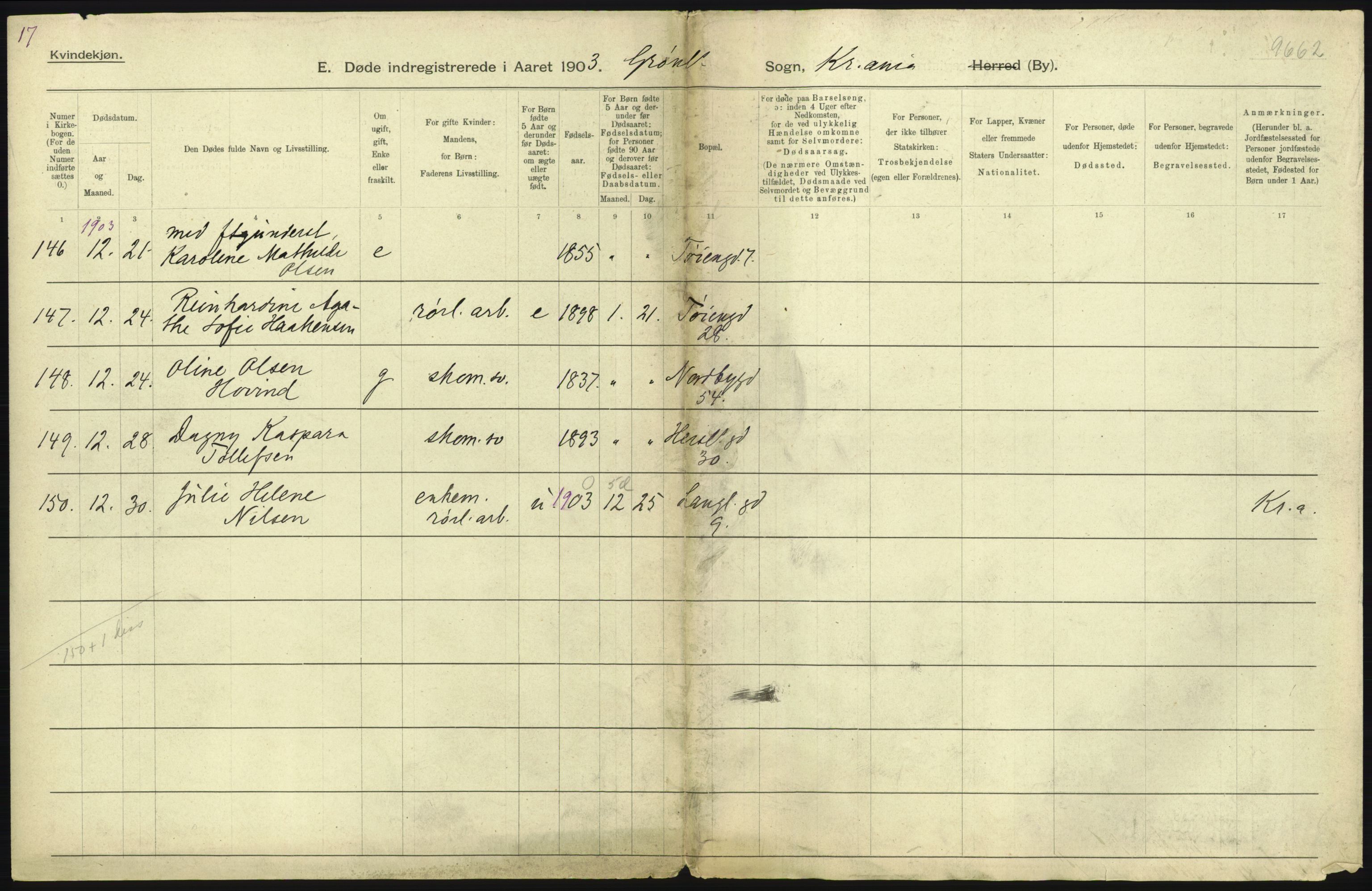 Statistisk sentralbyrå, Sosiodemografiske emner, Befolkning, RA/S-2228/D/Df/Dfa/Dfaa/L0004: Kristiania: Gifte, døde, 1903, p. 373