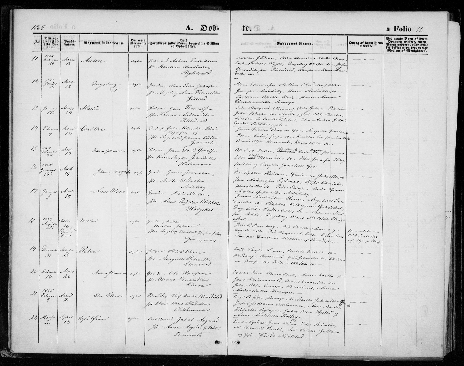 Ministerialprotokoller, klokkerbøker og fødselsregistre - Nord-Trøndelag, AV/SAT-A-1458/721/L0206: Parish register (official) no. 721A01, 1864-1874, p. 11