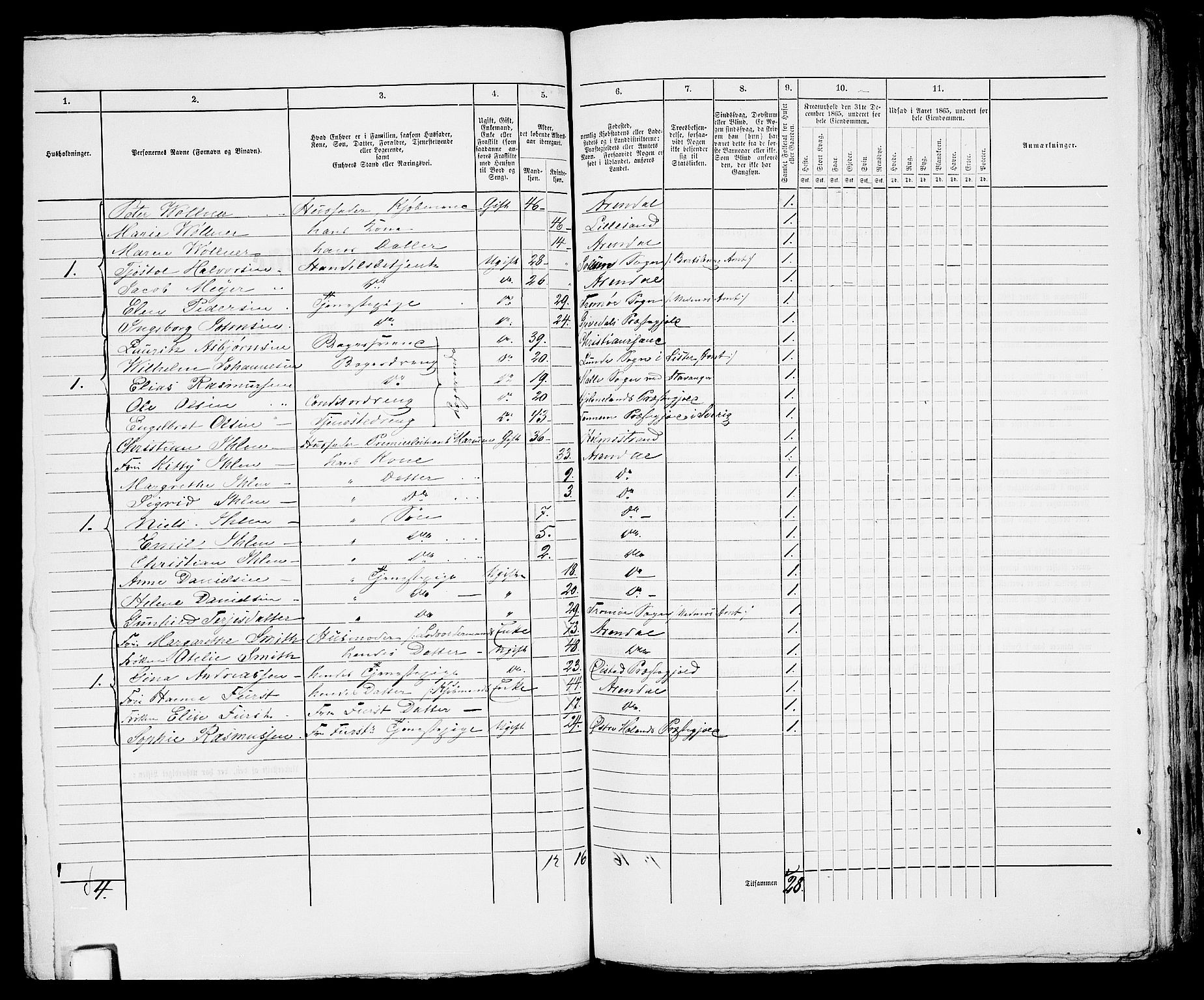 RA, 1865 census for Arendal, 1865, p. 492