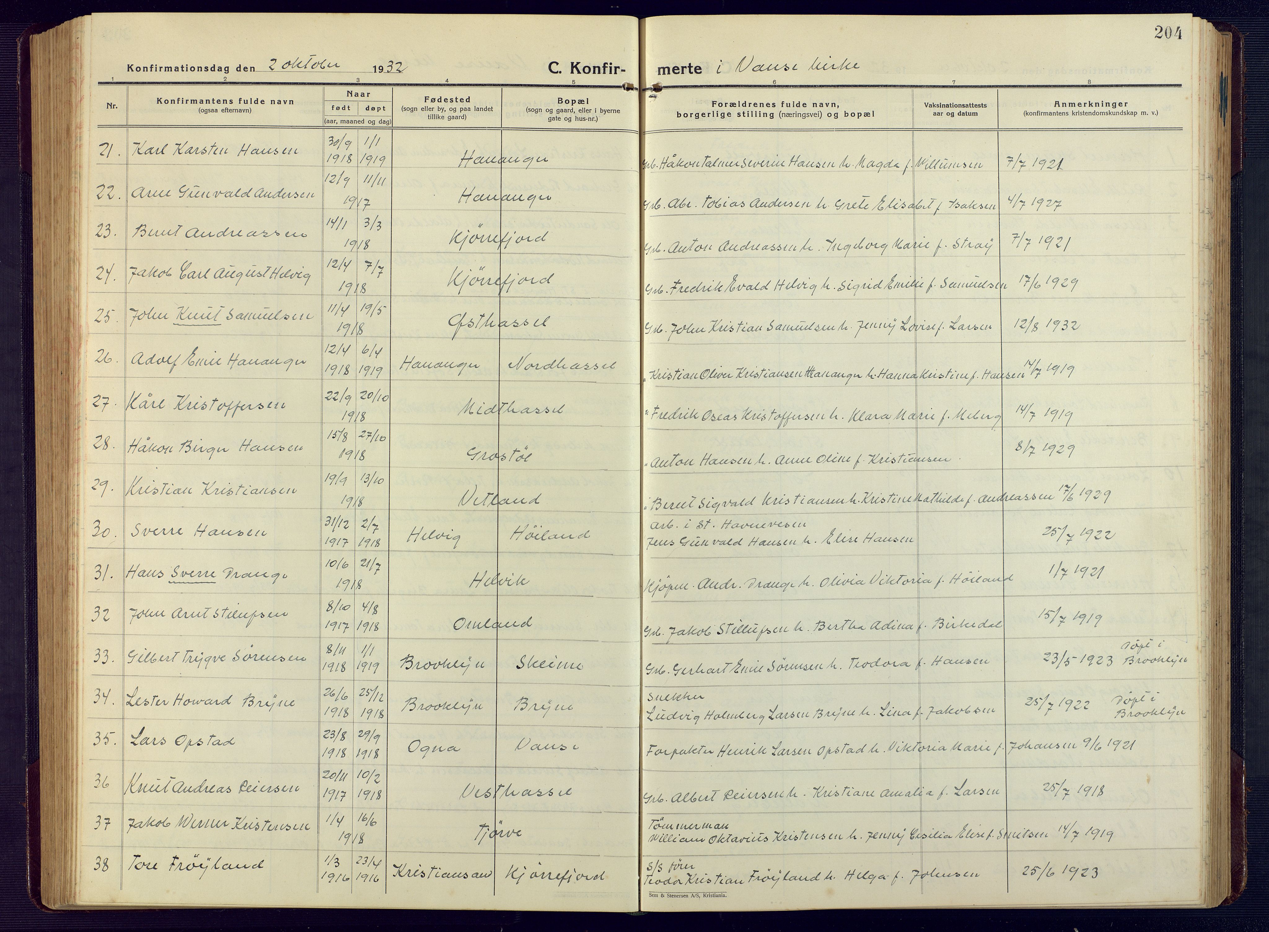 Lista sokneprestkontor, SAK/1111-0027/F/Fb/L0006: Parish register (copy) no. B 6, 1924-1947, p. 204