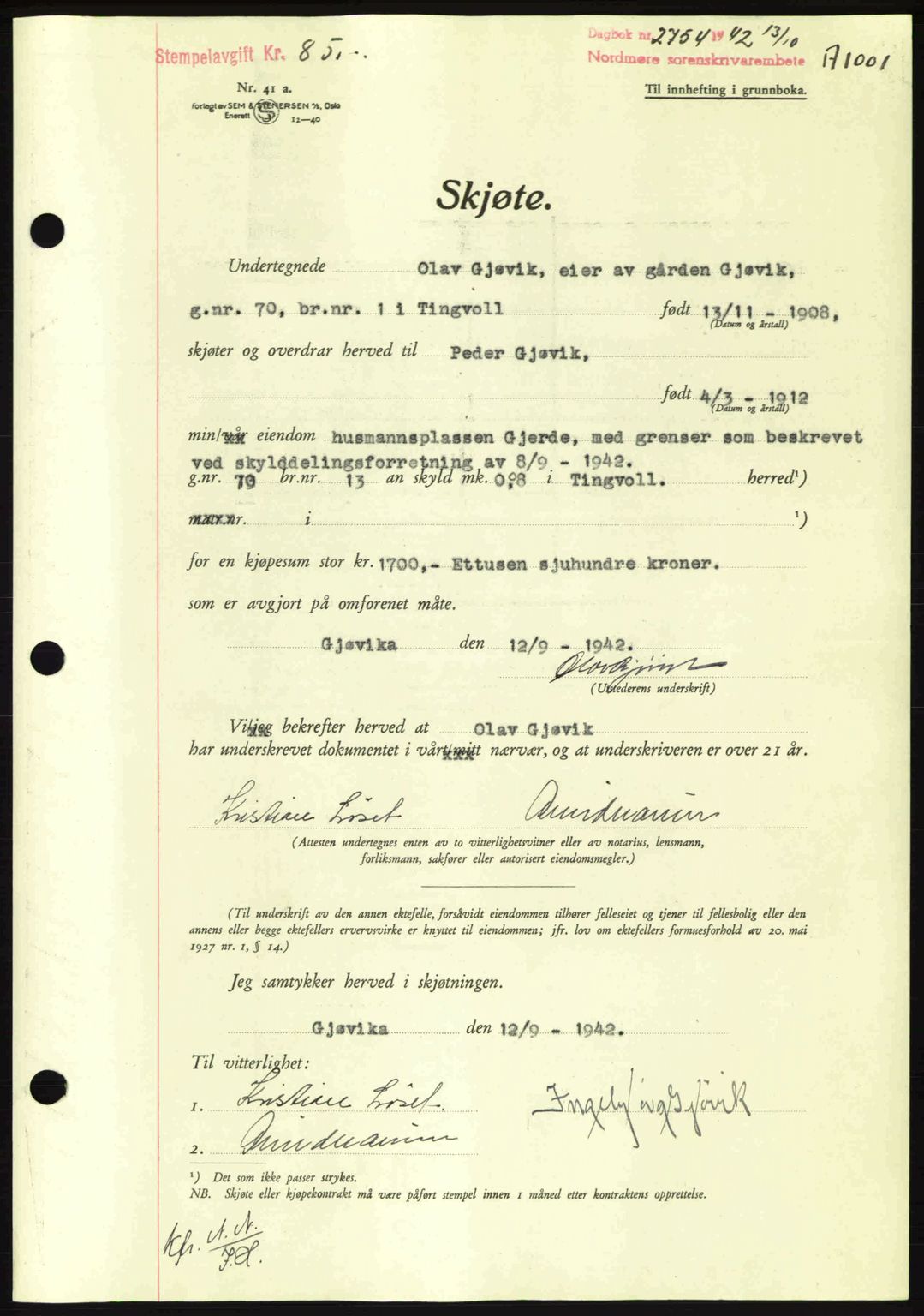 Nordmøre sorenskriveri, AV/SAT-A-4132/1/2/2Ca: Mortgage book no. A93, 1942-1942, Diary no: : 2754/1942