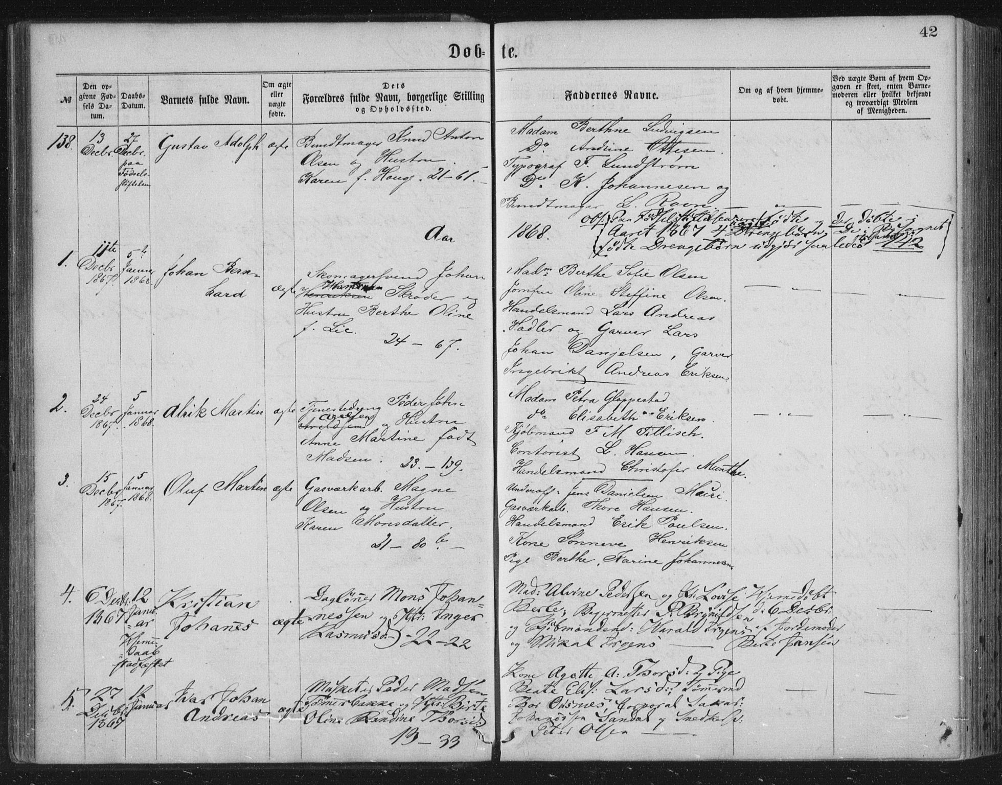 Korskirken sokneprestembete, SAB/A-76101/H/Haa/L0019: Parish register (official) no. B 5, 1866-1871, p. 42