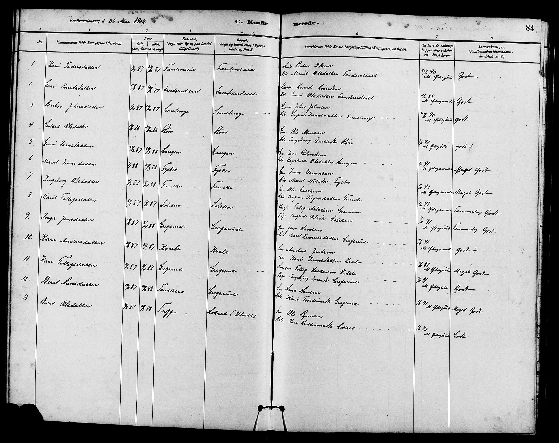 Vestre Slidre prestekontor, SAH/PREST-136/H/Ha/Hab/L0005: Parish register (copy) no. 5, 1881-1913, p. 84