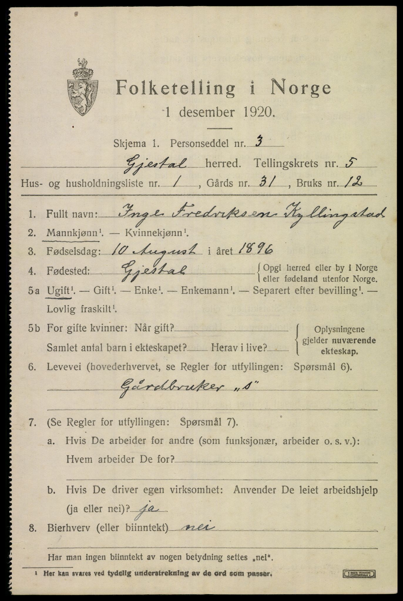 SAST, 1920 census for Gjesdal, 1920, p. 3104