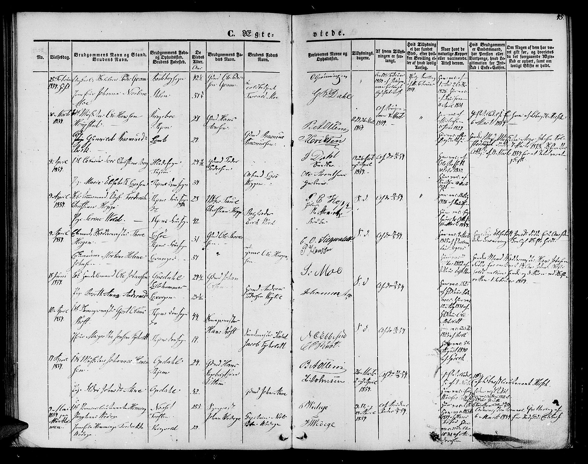 Ministerialprotokoller, klokkerbøker og fødselsregistre - Sør-Trøndelag, AV/SAT-A-1456/602/L0111: Parish register (official) no. 602A09, 1844-1867, p. 45