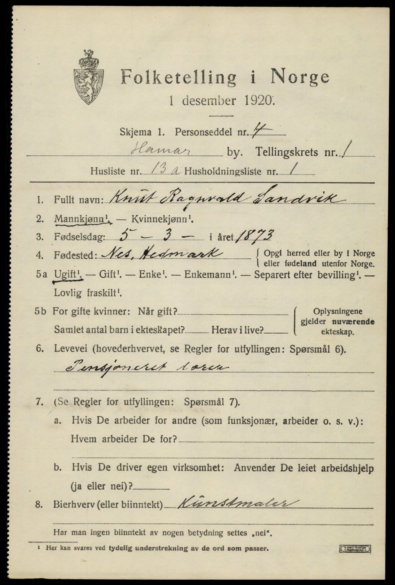 SAH, 1920 census for Hamar, 1920, p. 4445