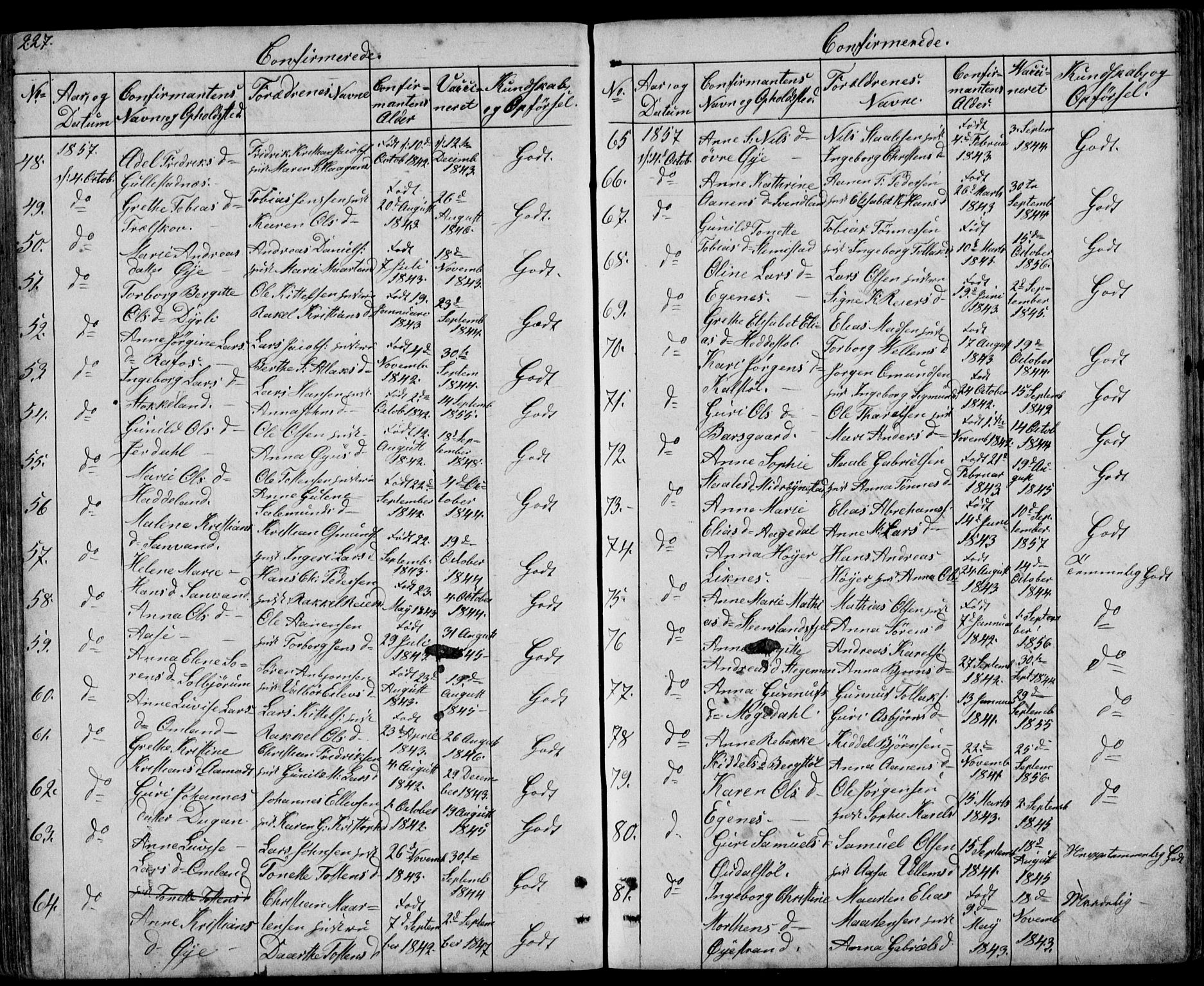 Kvinesdal sokneprestkontor, SAK/1111-0026/F/Fb/Fbb/L0001: Parish register (copy) no. B 1, 1852-1872, p. 227