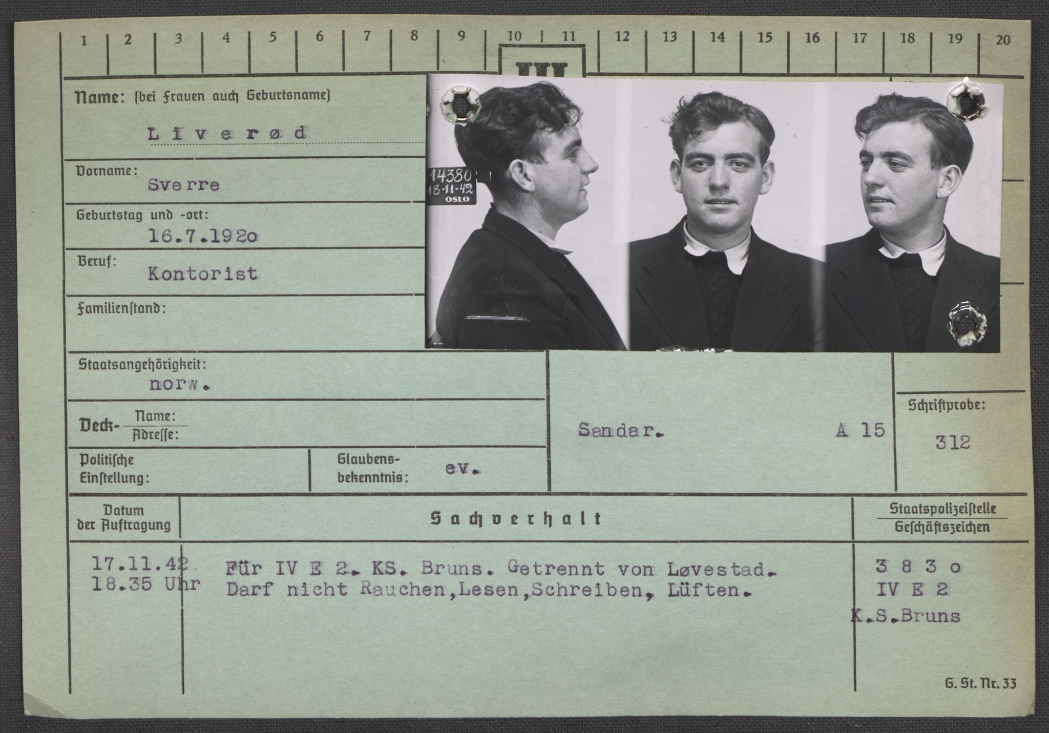 Befehlshaber der Sicherheitspolizei und des SD, AV/RA-RAFA-5969/E/Ea/Eaa/L0006: Register over norske fanger i Møllergata 19: Kj-Lund, 1940-1945, p. 1197