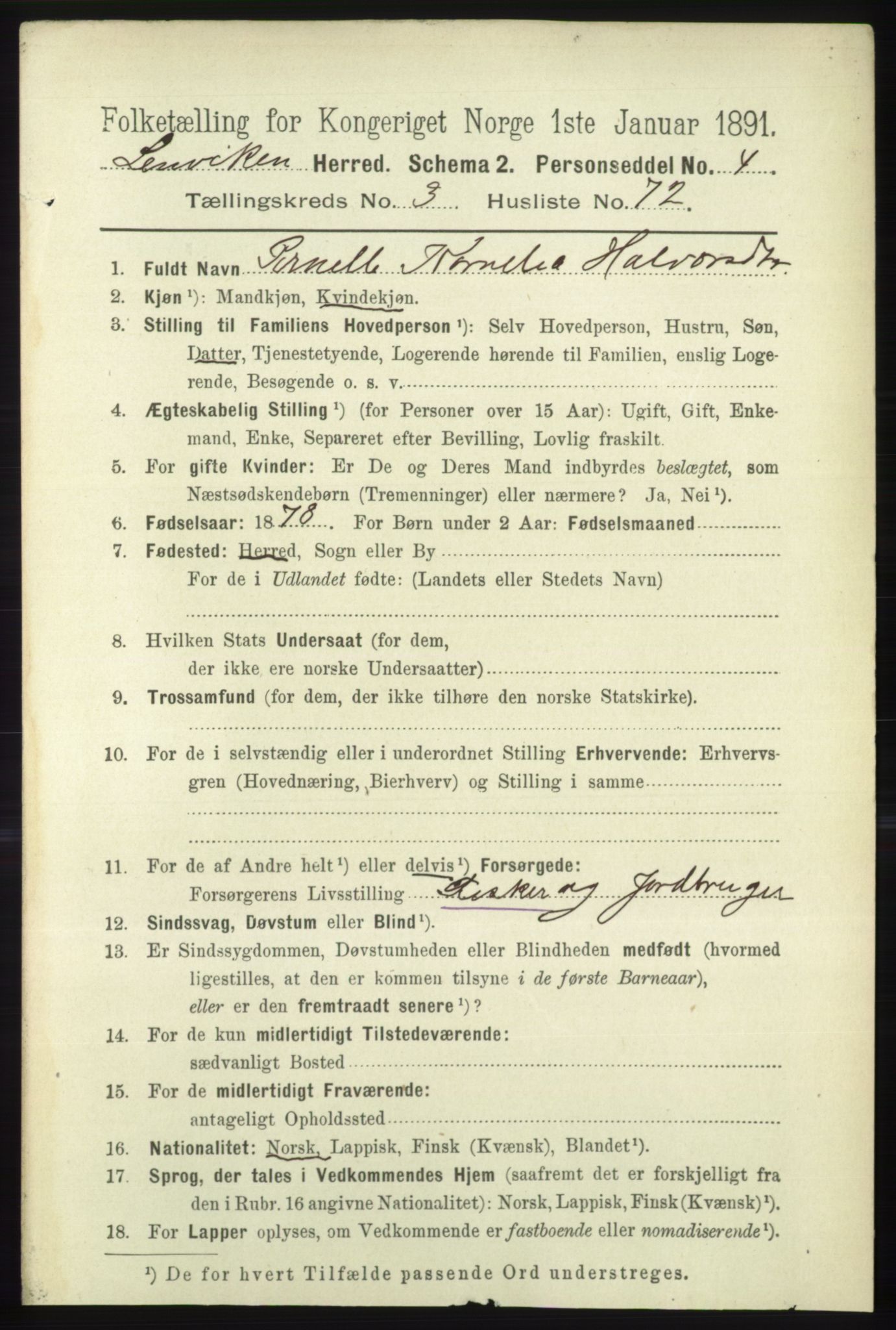 RA, 1891 census for 1931 Lenvik, 1891, p. 1825