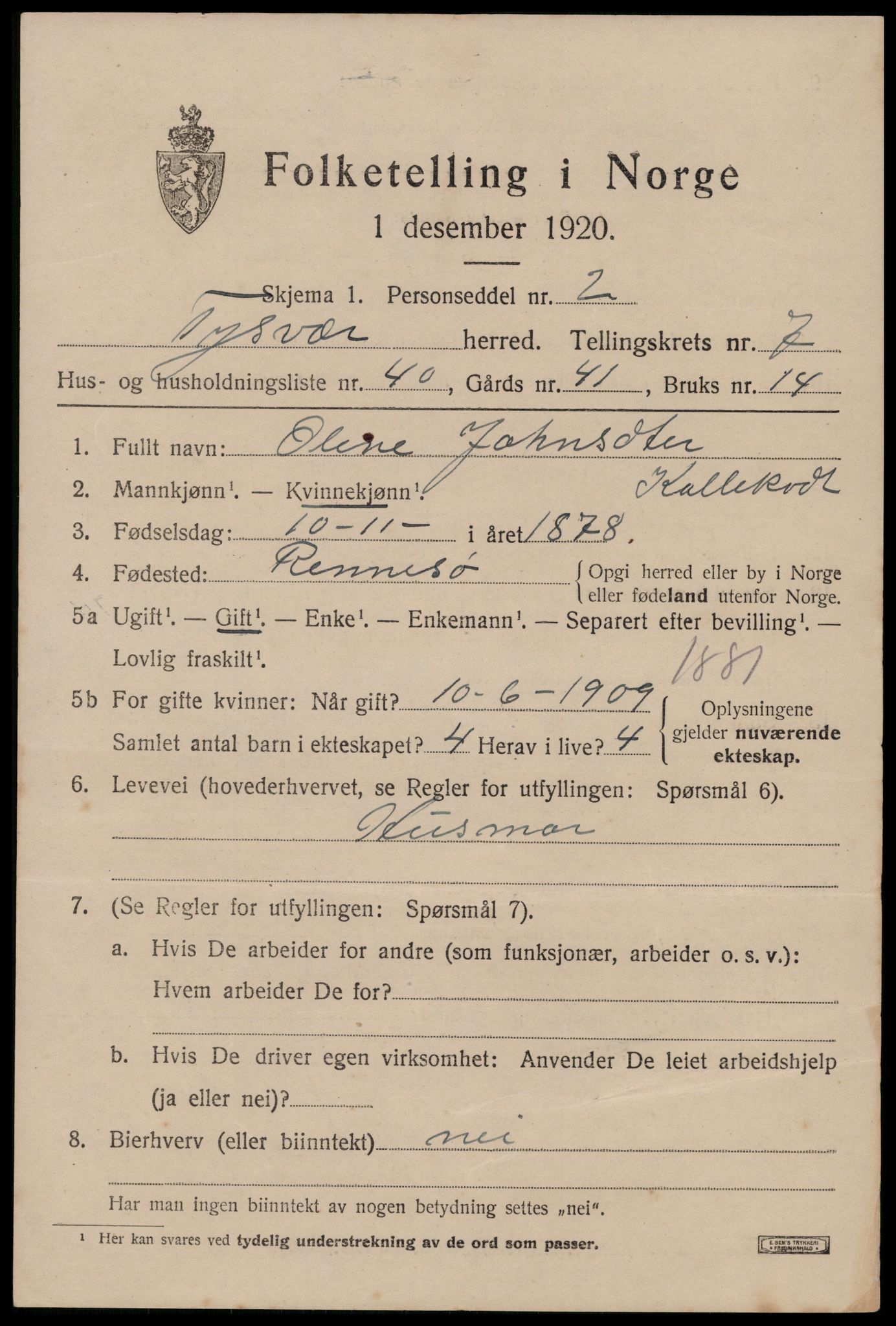 SAST, 1920 census for Tysvær, 1920, p. 2822