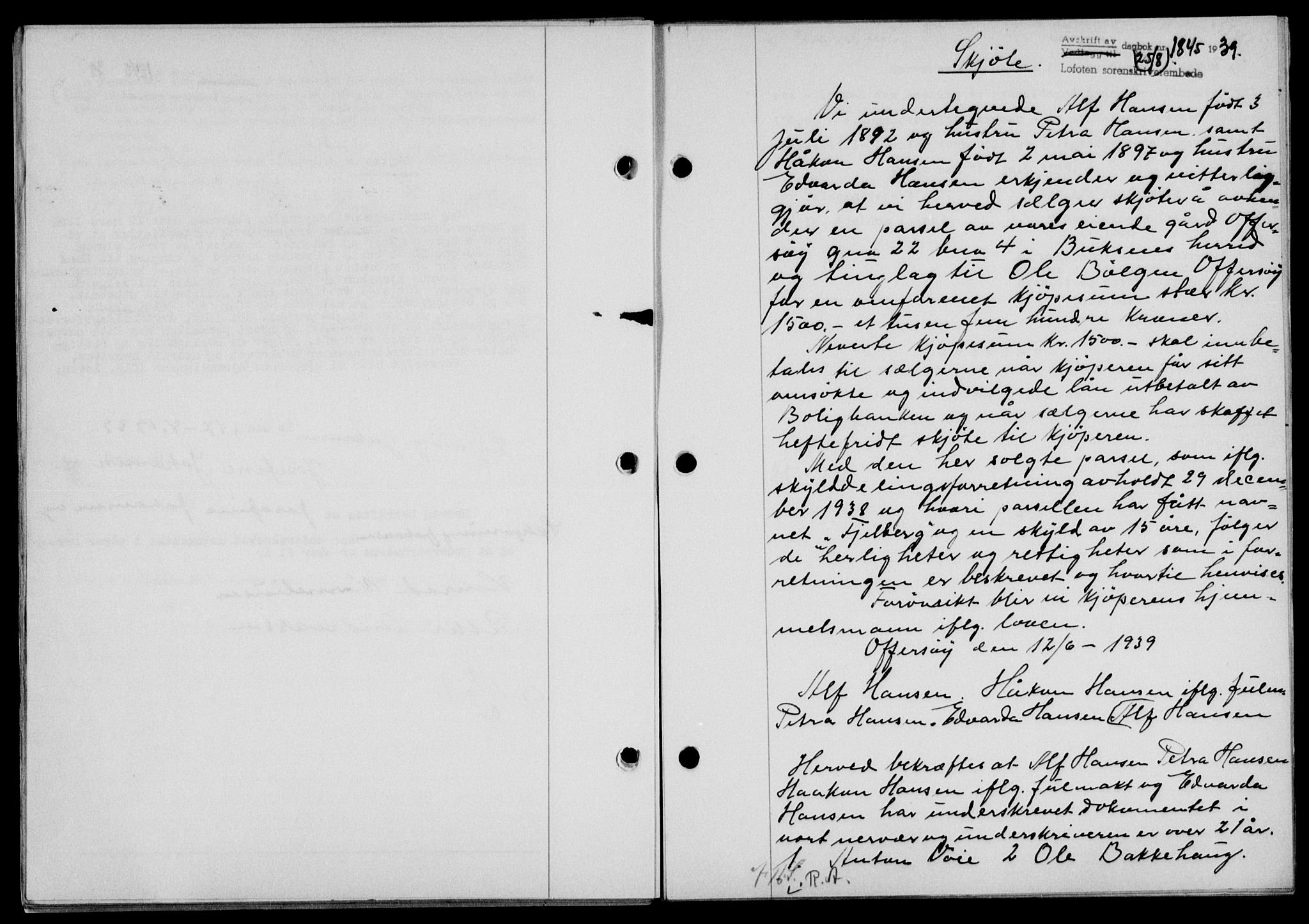Lofoten sorenskriveri, SAT/A-0017/1/2/2C/L0006a: Mortgage book no. 6a, 1939-1939, Diary no: : 1845/1939
