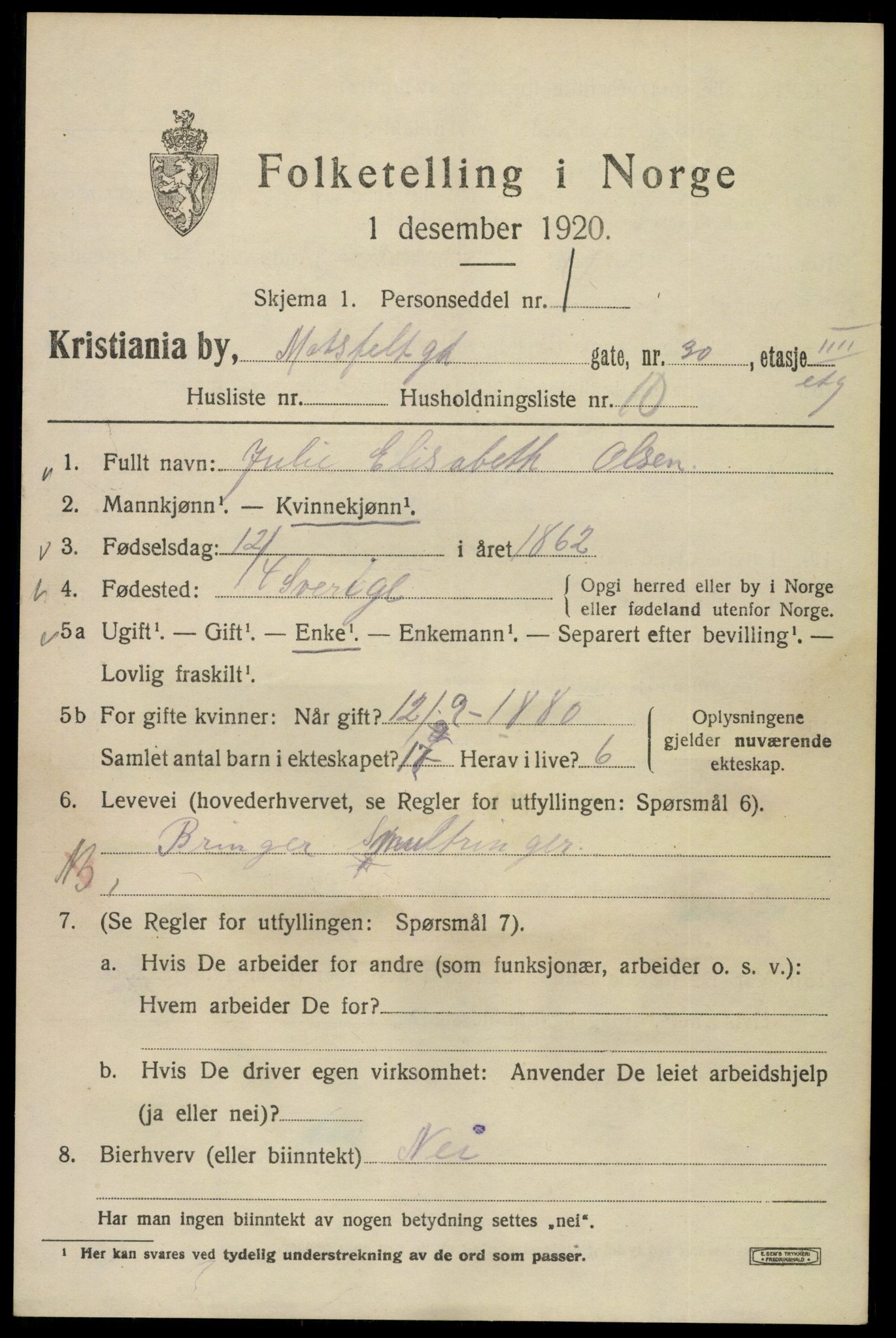 SAO, 1920 census for Kristiania, 1920, p. 399785