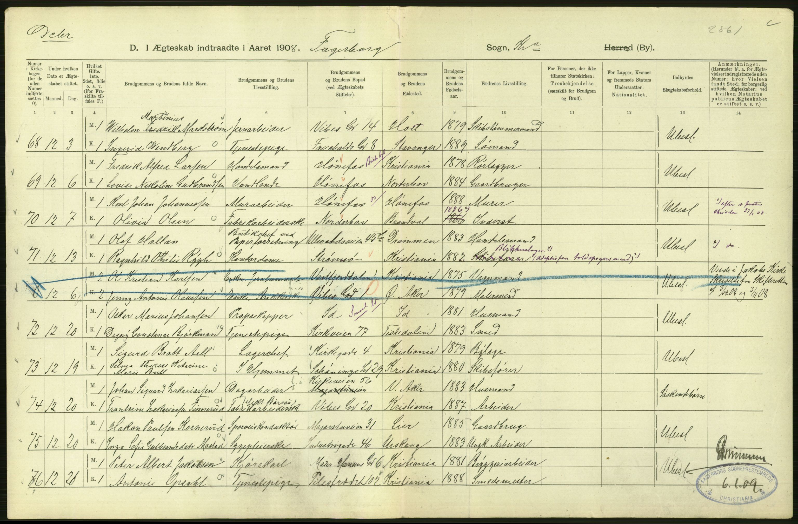 Statistisk sentralbyrå, Sosiodemografiske emner, Befolkning, AV/RA-S-2228/D/Df/Dfa/Dfaf/L0007: Kristiania: Gifte, 1908, p. 396