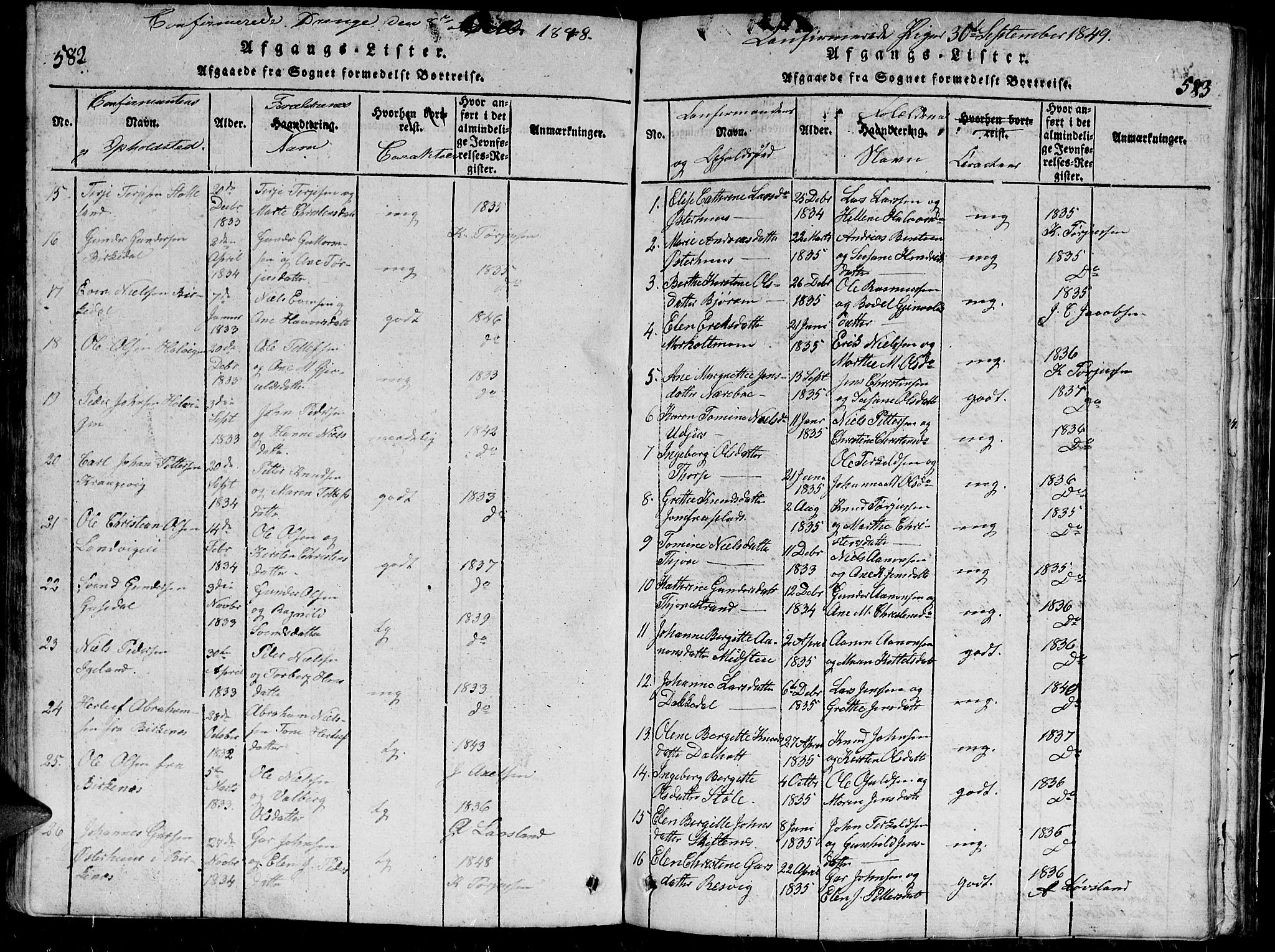 Hommedal sokneprestkontor, AV/SAK-1111-0023/F/Fb/Fbb/L0003: Parish register (copy) no. B 3 /1, 1816-1850, p. 582-583