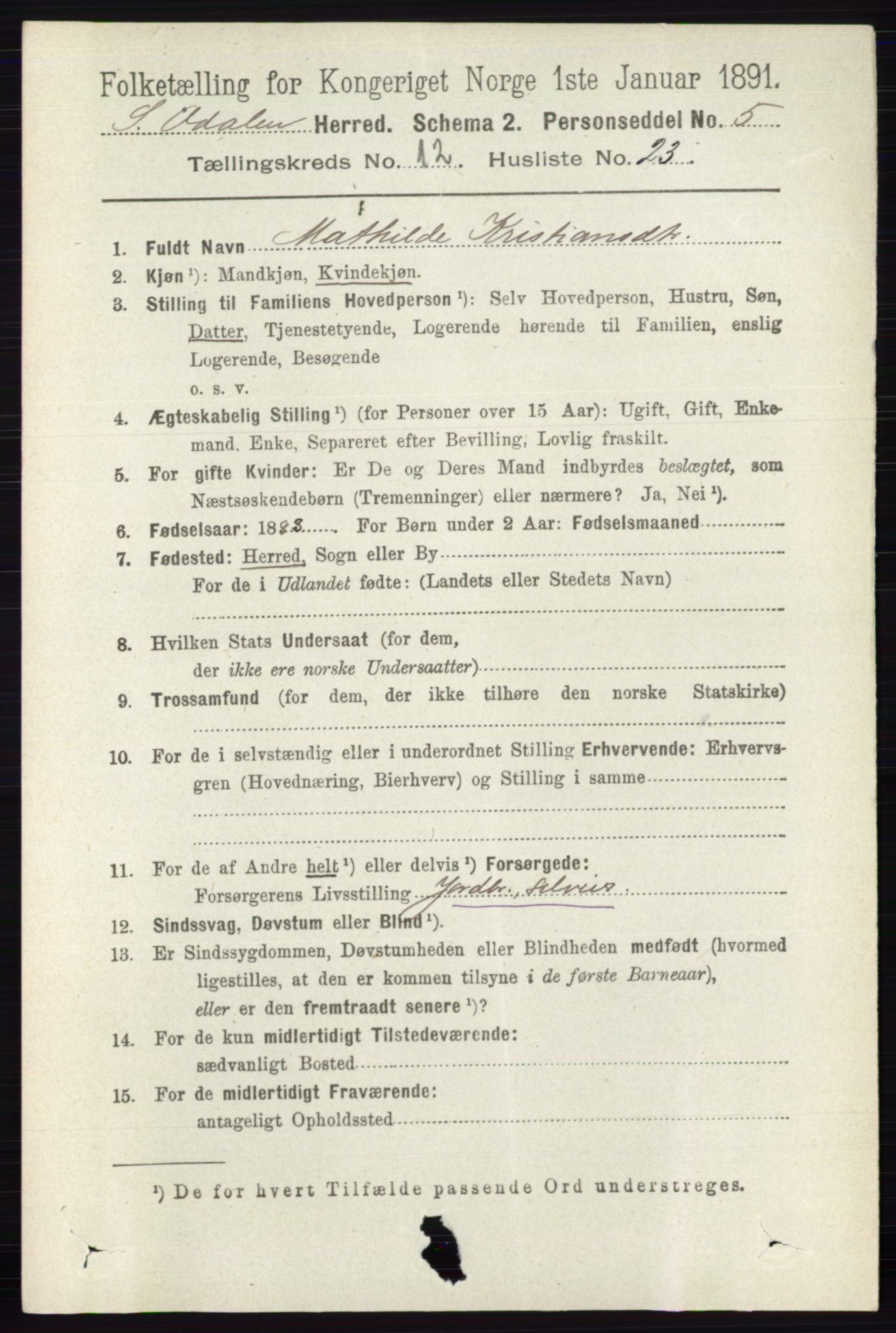 RA, 1891 census for 0419 Sør-Odal, 1891, p. 5502