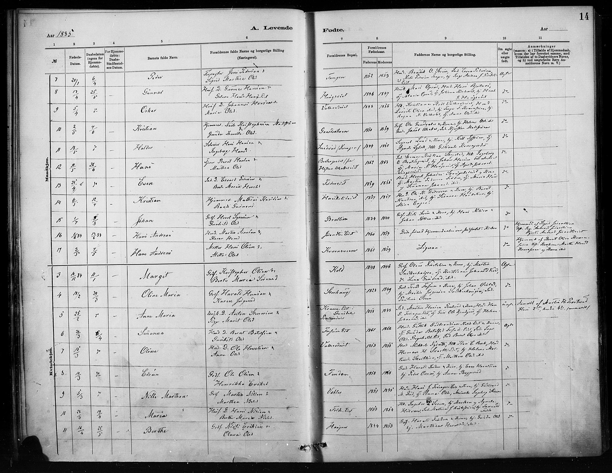 Nordre Land prestekontor, SAH/PREST-124/H/Ha/Haa/L0004: Parish register (official) no. 4, 1882-1896, p. 14