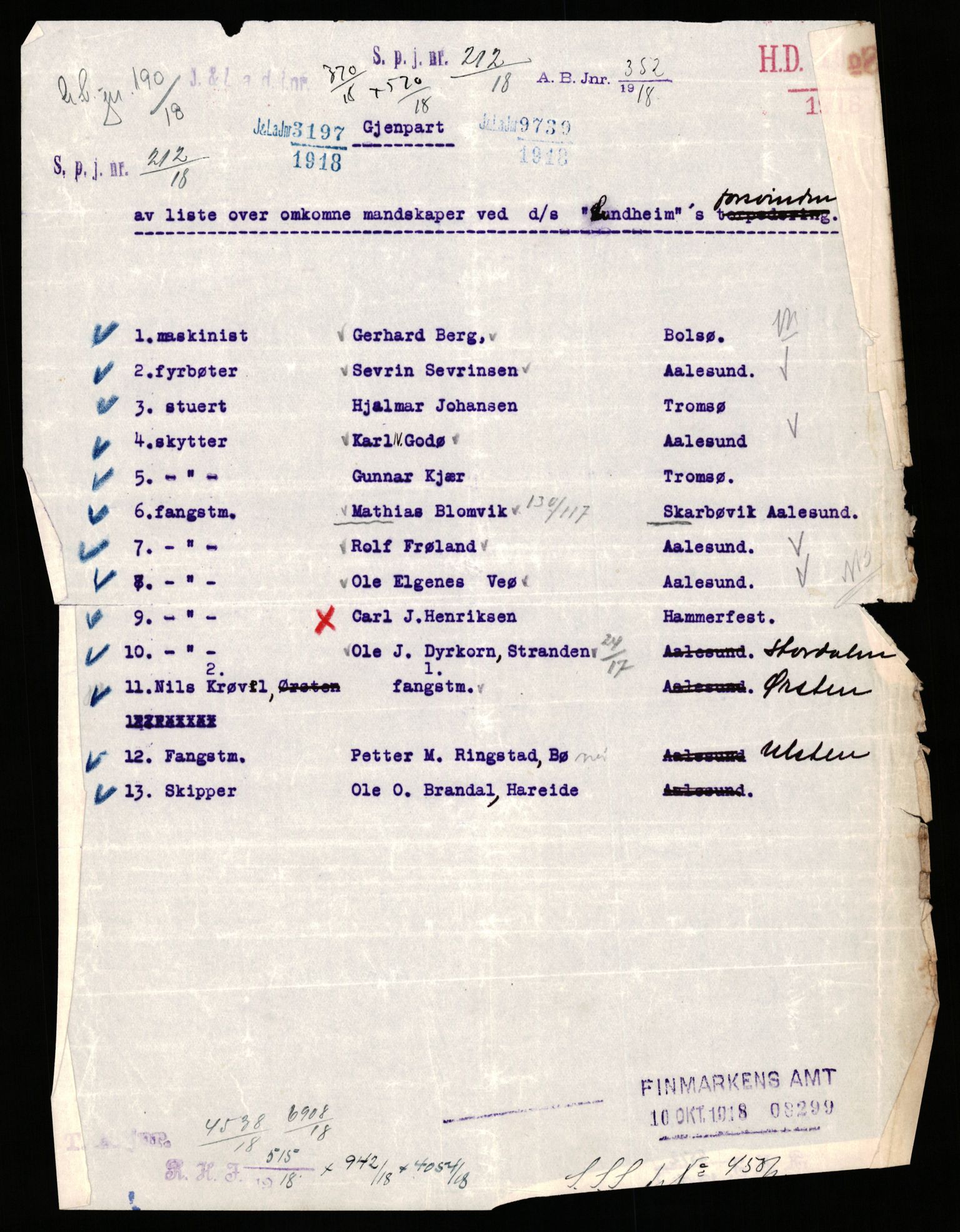 Handelsdepartementet, Sjøfartsavdelingen, 1. sjømannskontor, AV/RA-S-1405/D/Dm/L0010: Forliste skip Lar - Min, 1906-1920, p. 461