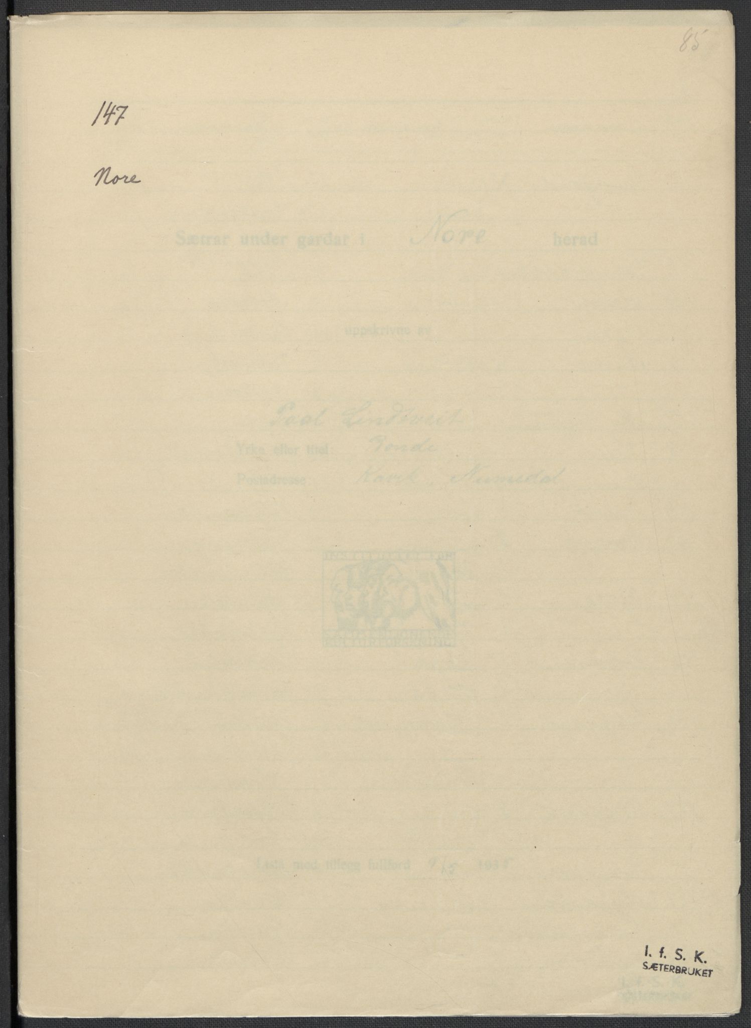Instituttet for sammenlignende kulturforskning, AV/RA-PA-0424/F/Fc/L0006/0002: Eske B6: / Buskerud (perm XIV), 1934-1940, p. 85