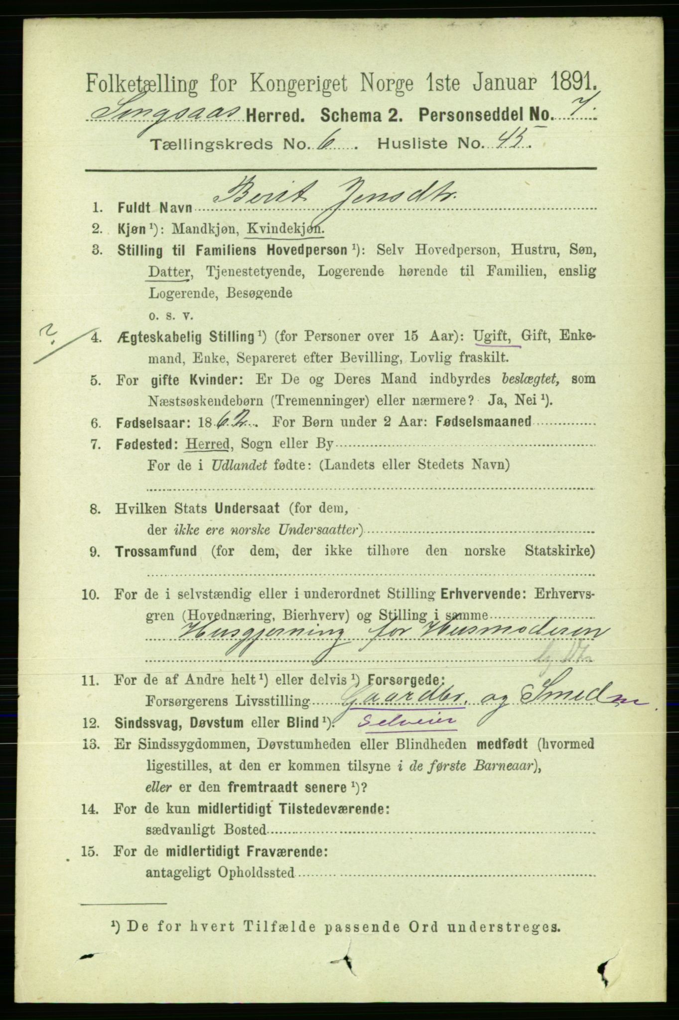 RA, 1891 census for 1646 Singsås, 1891, p. 1558