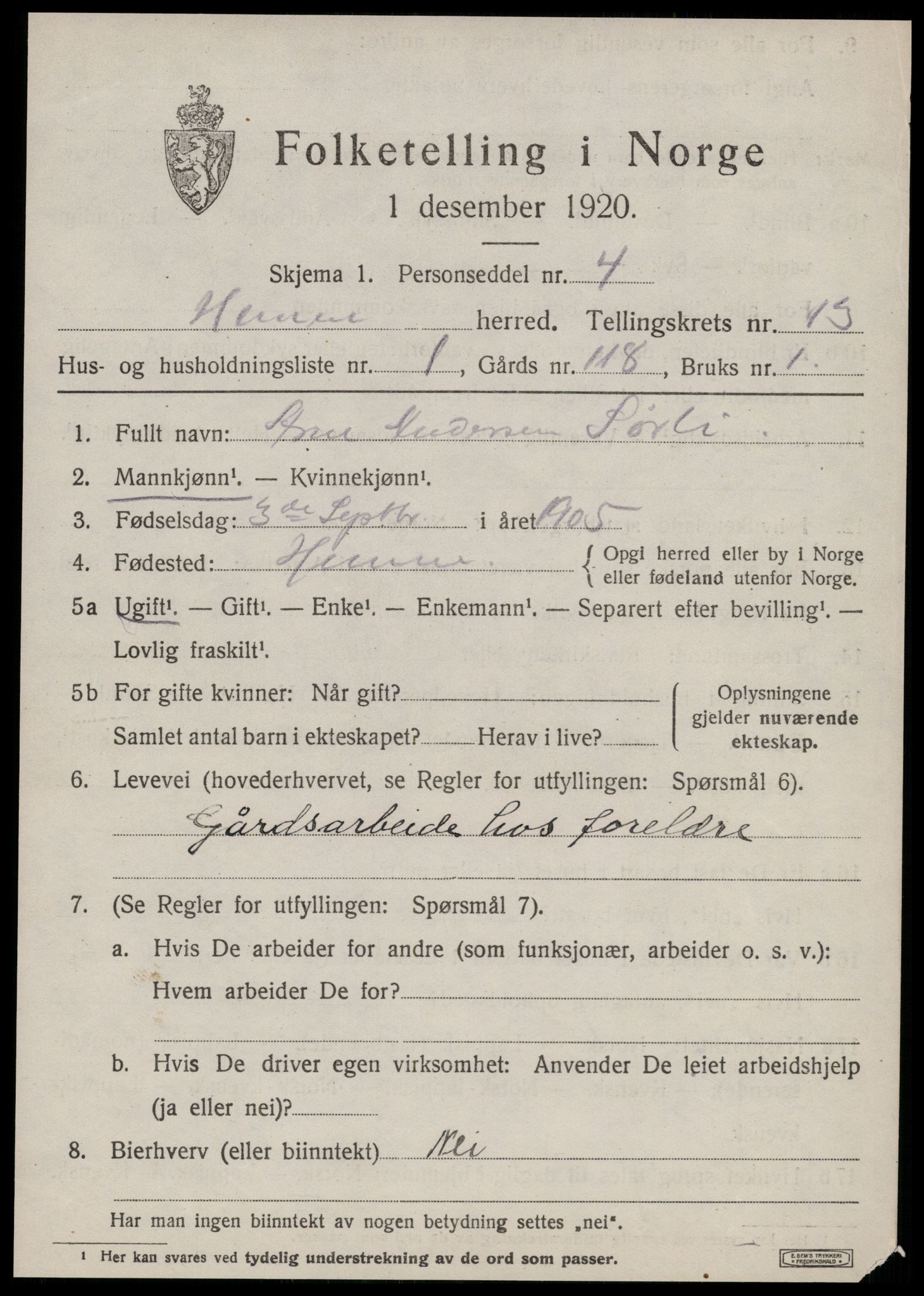 SAT, 1920 census for Hemne, 1920, p. 7278