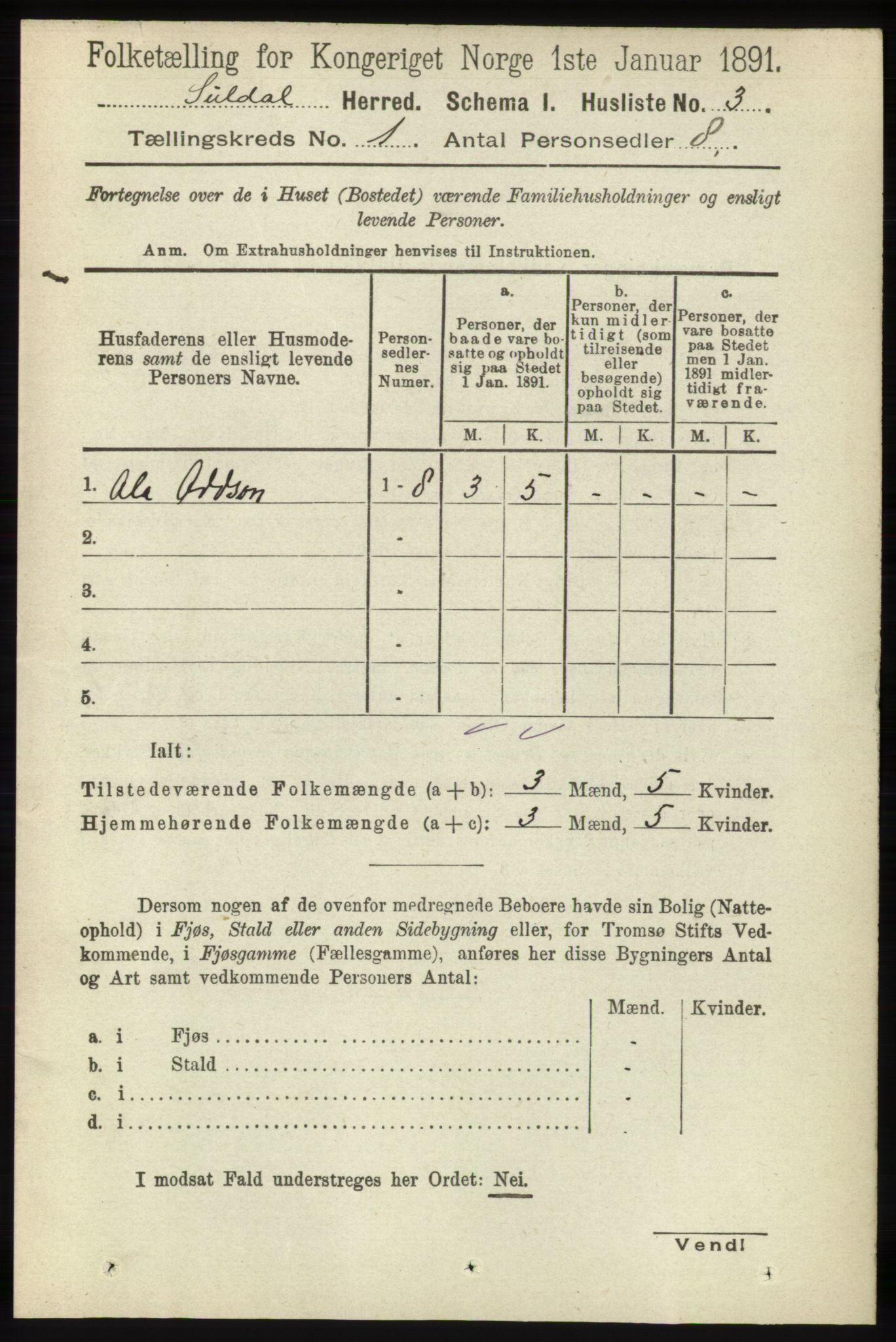 RA, 1891 census for 1134 Suldal, 1891, p. 27