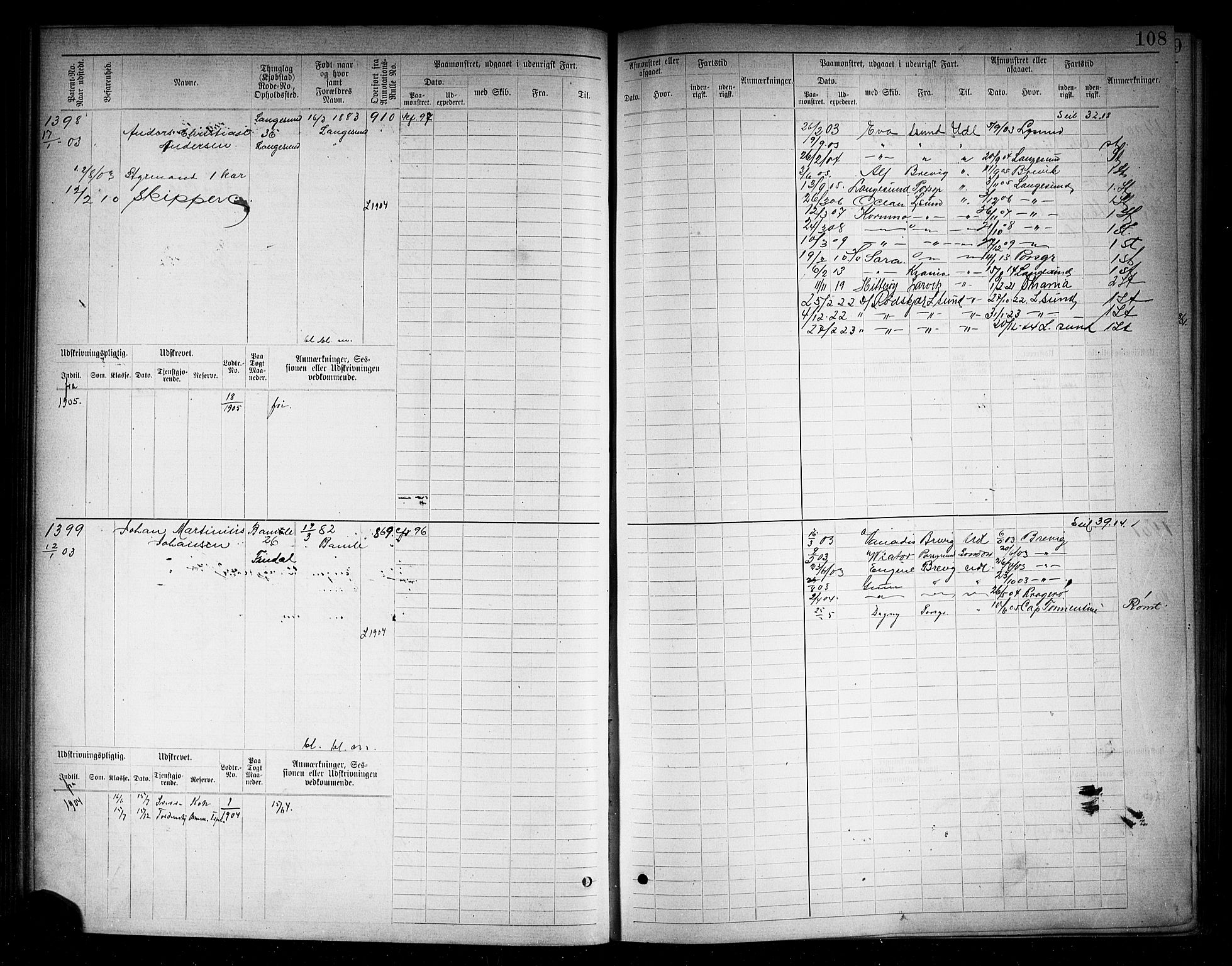 Langesund innrulleringskontor, AV/SAKO-A-831/F/Fc/L0006: Hovedrulle, 1891-1922, p. 111