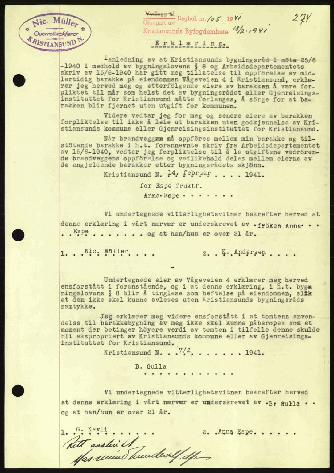 Kristiansund byfogd, SAT/A-4587/A/27: Mortgage book no. 33, 1939-1941, Diary no: : 105/1941