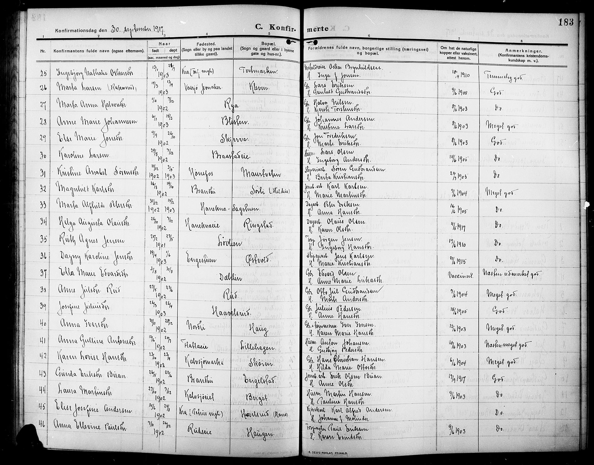 Lunner prestekontor, SAH/PREST-118/H/Ha/Hab/L0001: Parish register (copy) no. 1, 1909-1922, p. 183