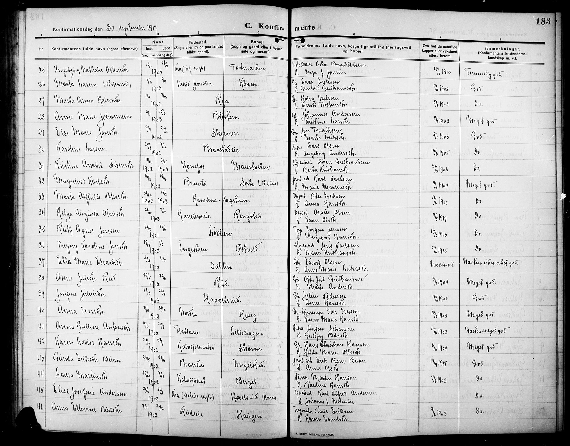 Lunner prestekontor, AV/SAH-PREST-118/H/Ha/Hab/L0001: Parish register (copy) no. 1, 1909-1922, p. 183