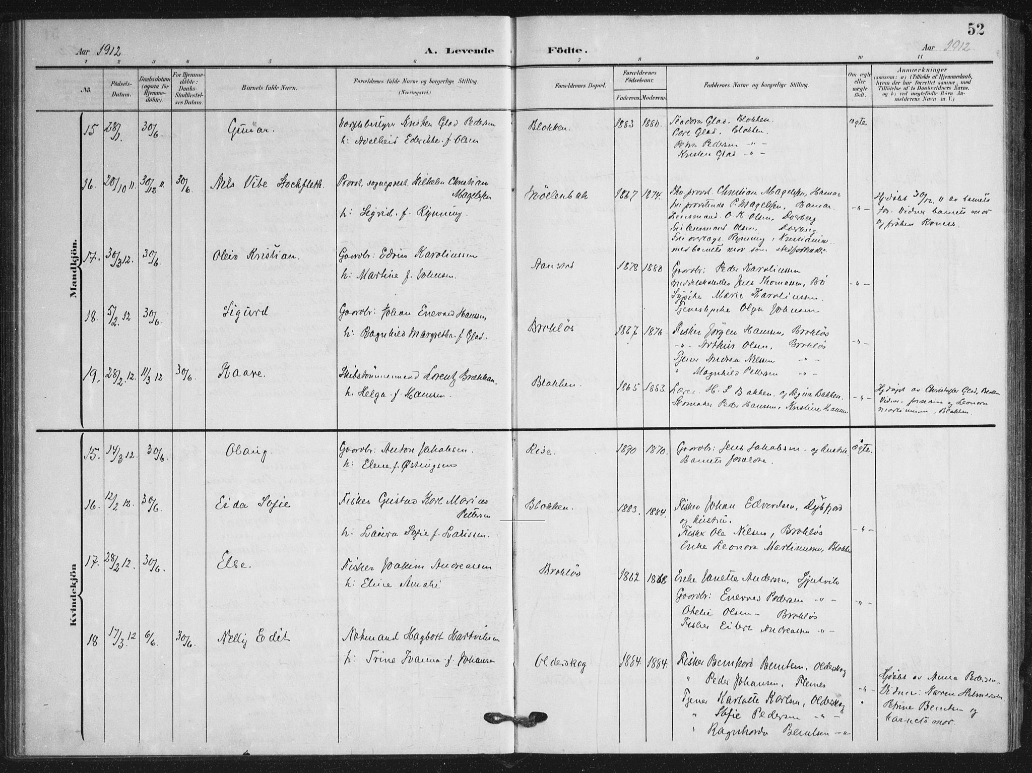 Ministerialprotokoller, klokkerbøker og fødselsregistre - Nordland, AV/SAT-A-1459/895/L1373: Parish register (official) no. 895A08, 1905-1915, p. 52