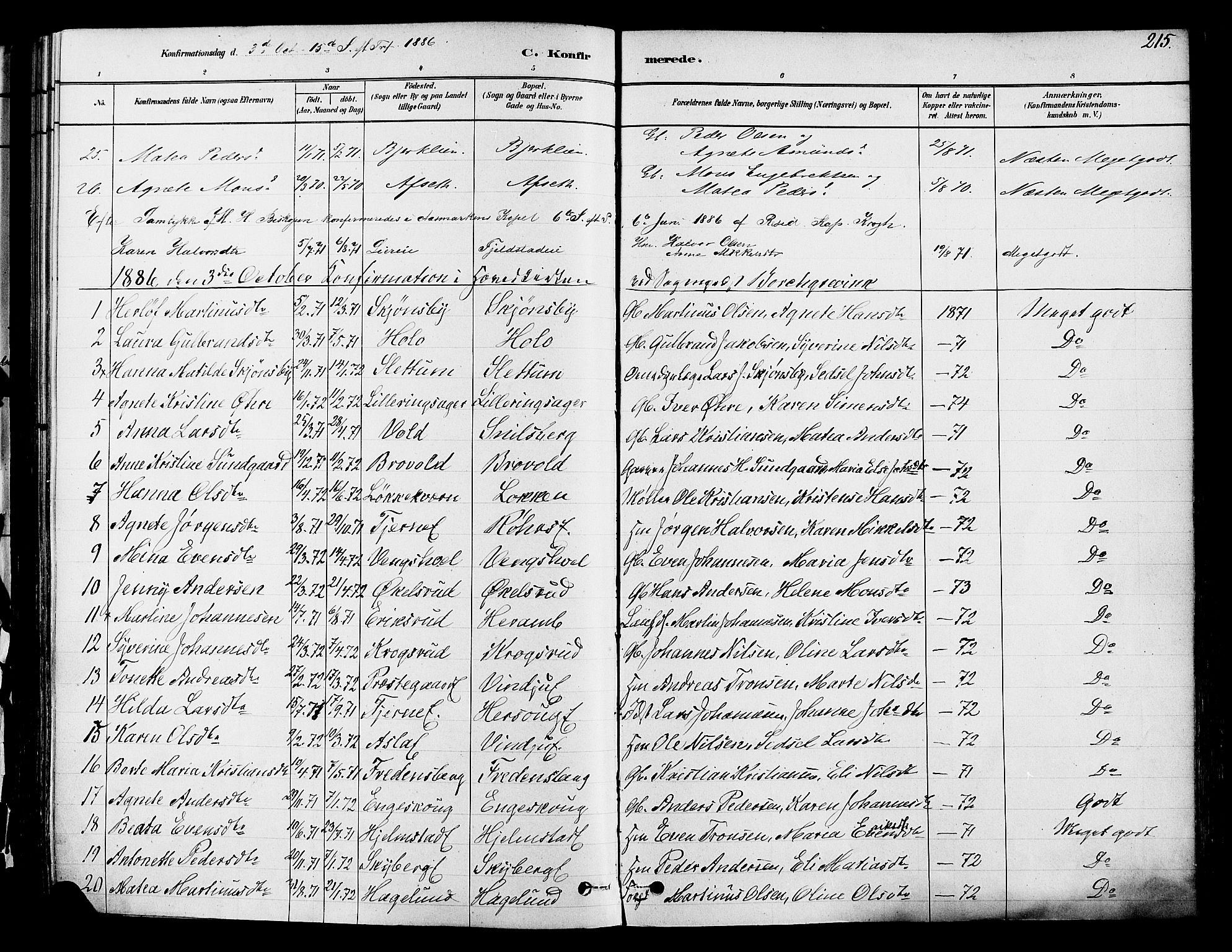 Ringsaker prestekontor, SAH/PREST-014/K/Ka/L0012: Parish register (official) no. 12, 1879-1890, p. 215