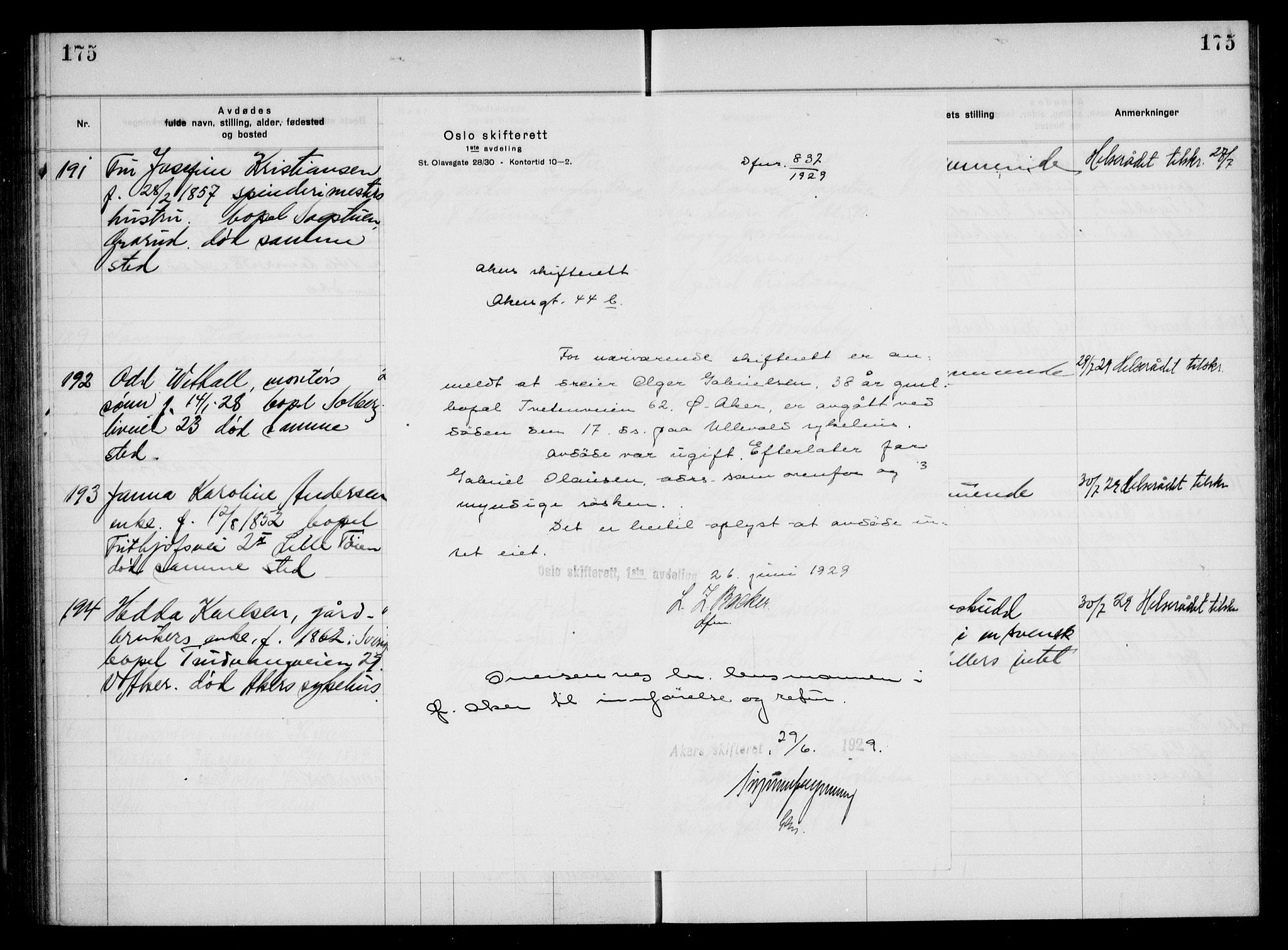 Aker kriminaldommer, skifte- og auksjonsforvalterembete, SAO/A-10452/H/Hb/Hba/Hbac/L0002: Dødsfallsprotokoll for Østre Aker, 1927-1931, p. 175