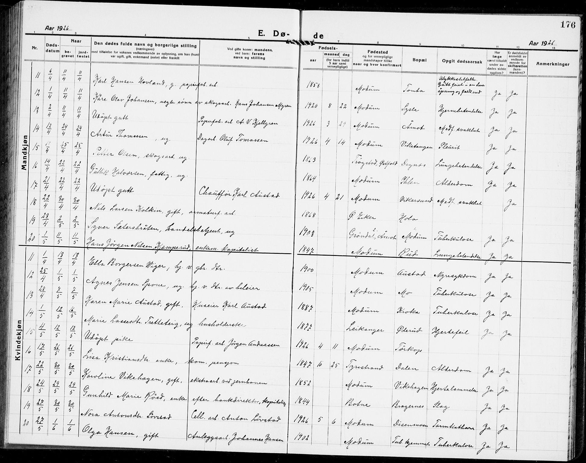 Modum kirkebøker, AV/SAKO-A-234/G/Ga/L0012: Parish register (copy) no. I 12, 1923-1933, p. 176