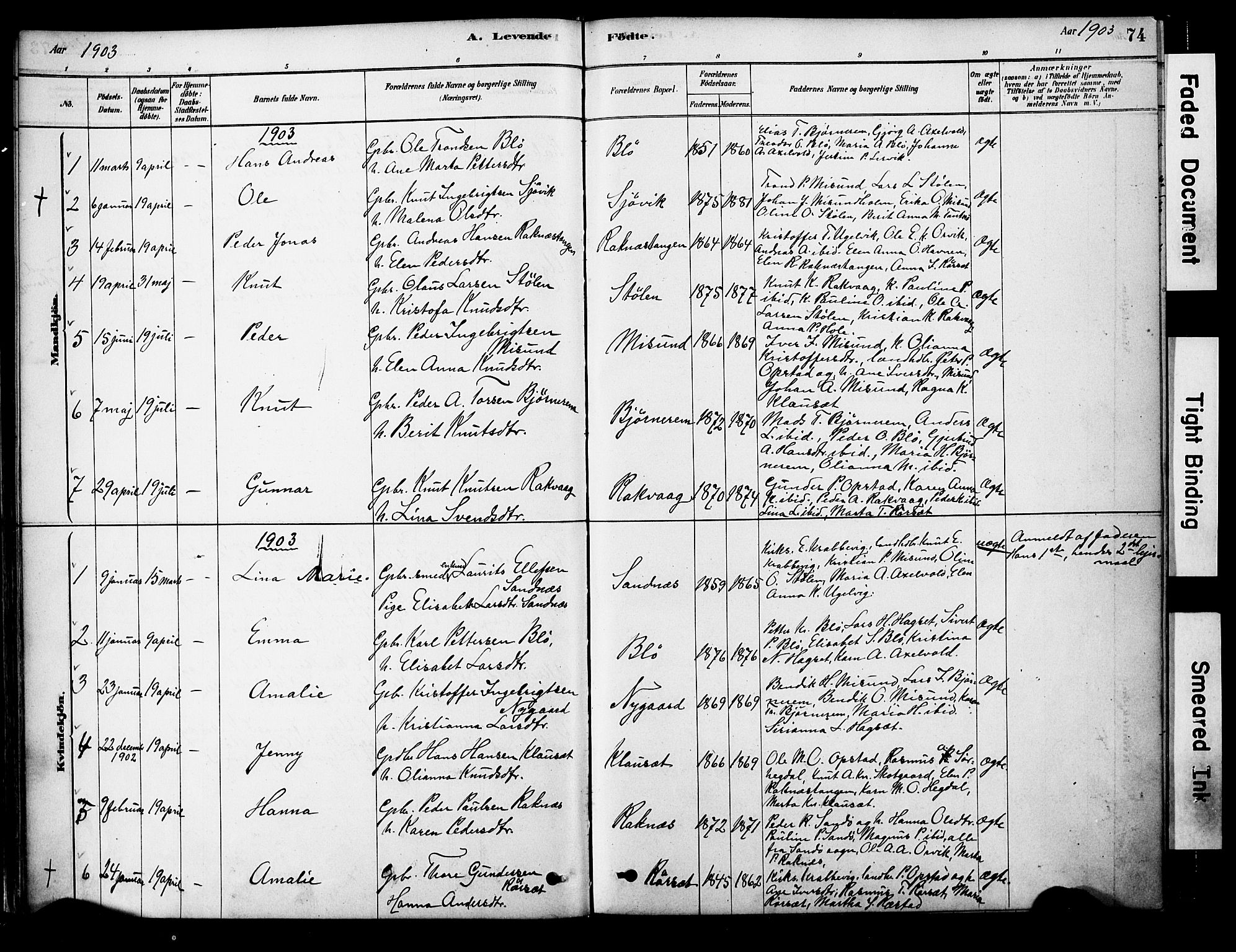 Ministerialprotokoller, klokkerbøker og fødselsregistre - Møre og Romsdal, SAT/A-1454/563/L0736: Parish register (official) no. 563A01, 1878-1903, p. 74