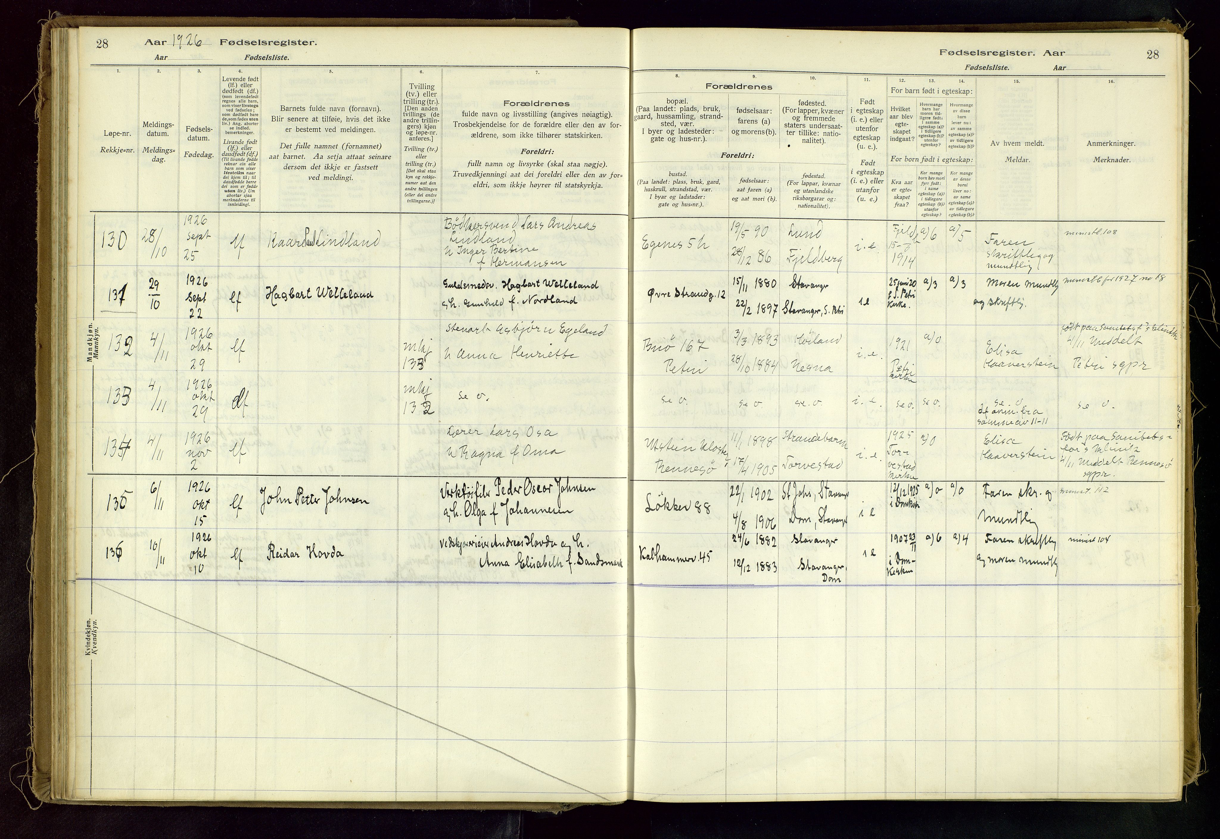 Domkirken sokneprestkontor, AV/SAST-A-101812/002/A/L0001: Birth register no. 1, 1925-1932, p. 28