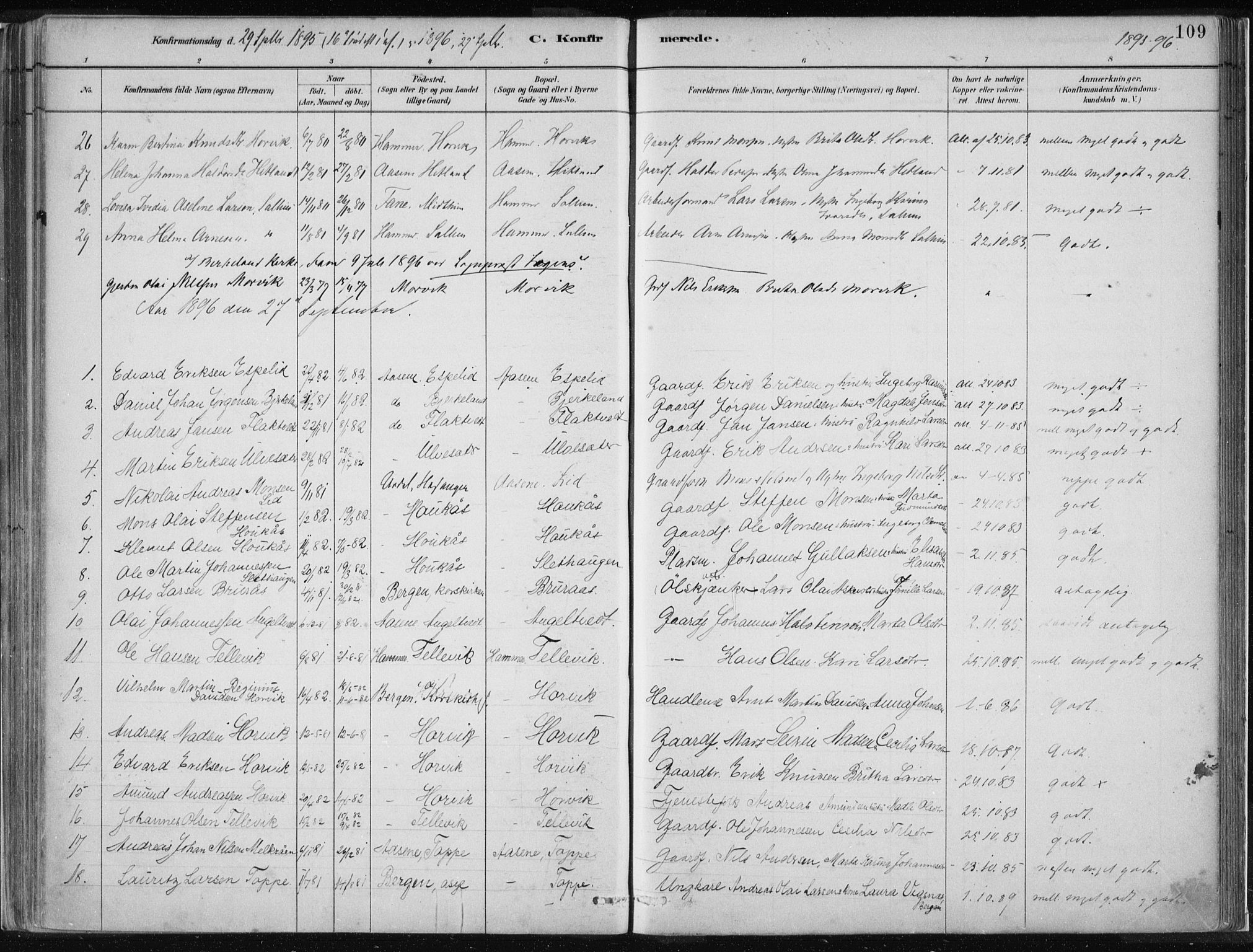 Hamre sokneprestembete, SAB/A-75501/H/Ha/Haa/Haad/L0001: Parish register (official) no. D  1, 1882-1906, p. 109