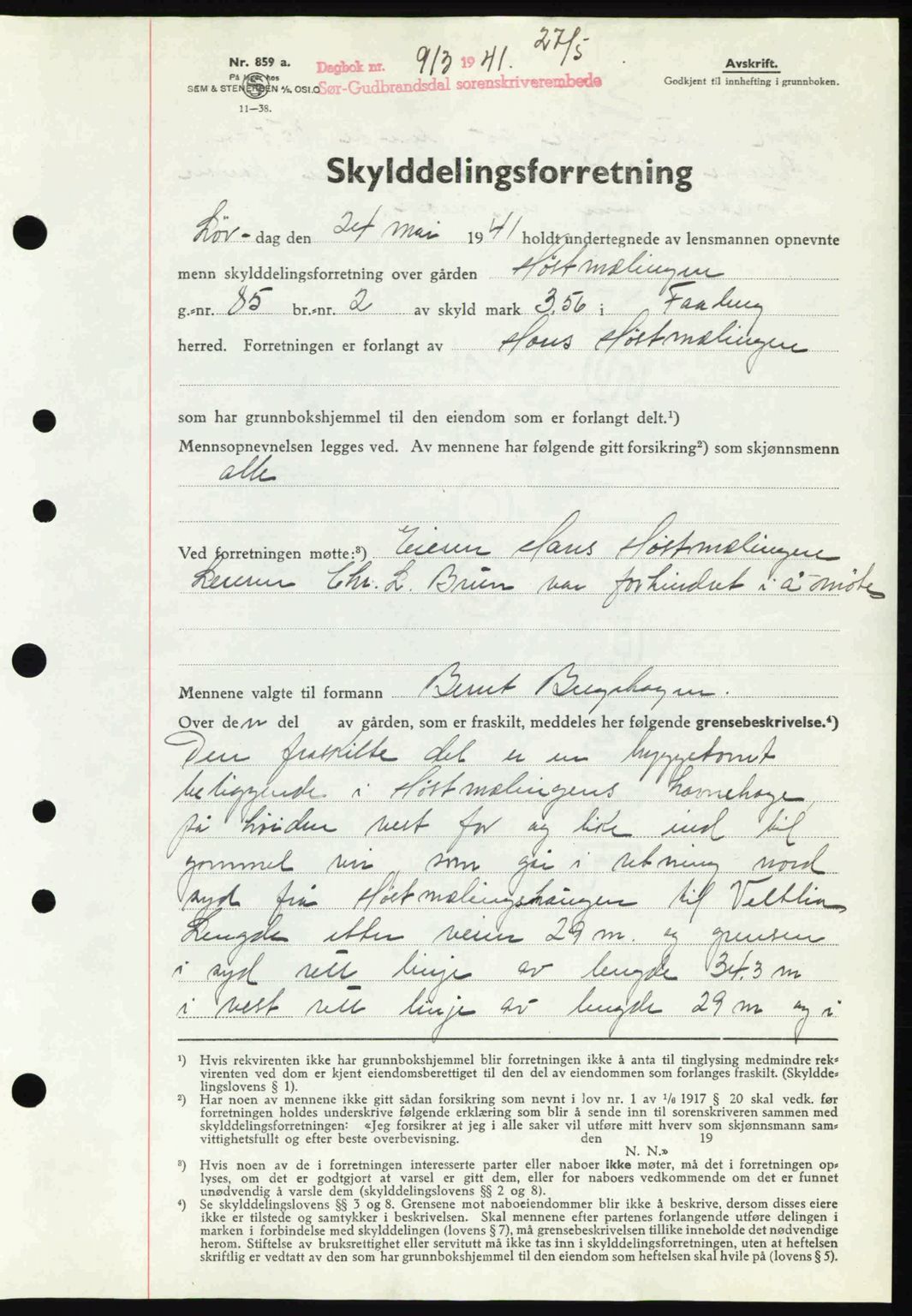 Sør-Gudbrandsdal tingrett, SAH/TING-004/H/Hb/Hbd/L0009: Mortgage book no. A9, 1941-1941, Diary no: : 913/1941