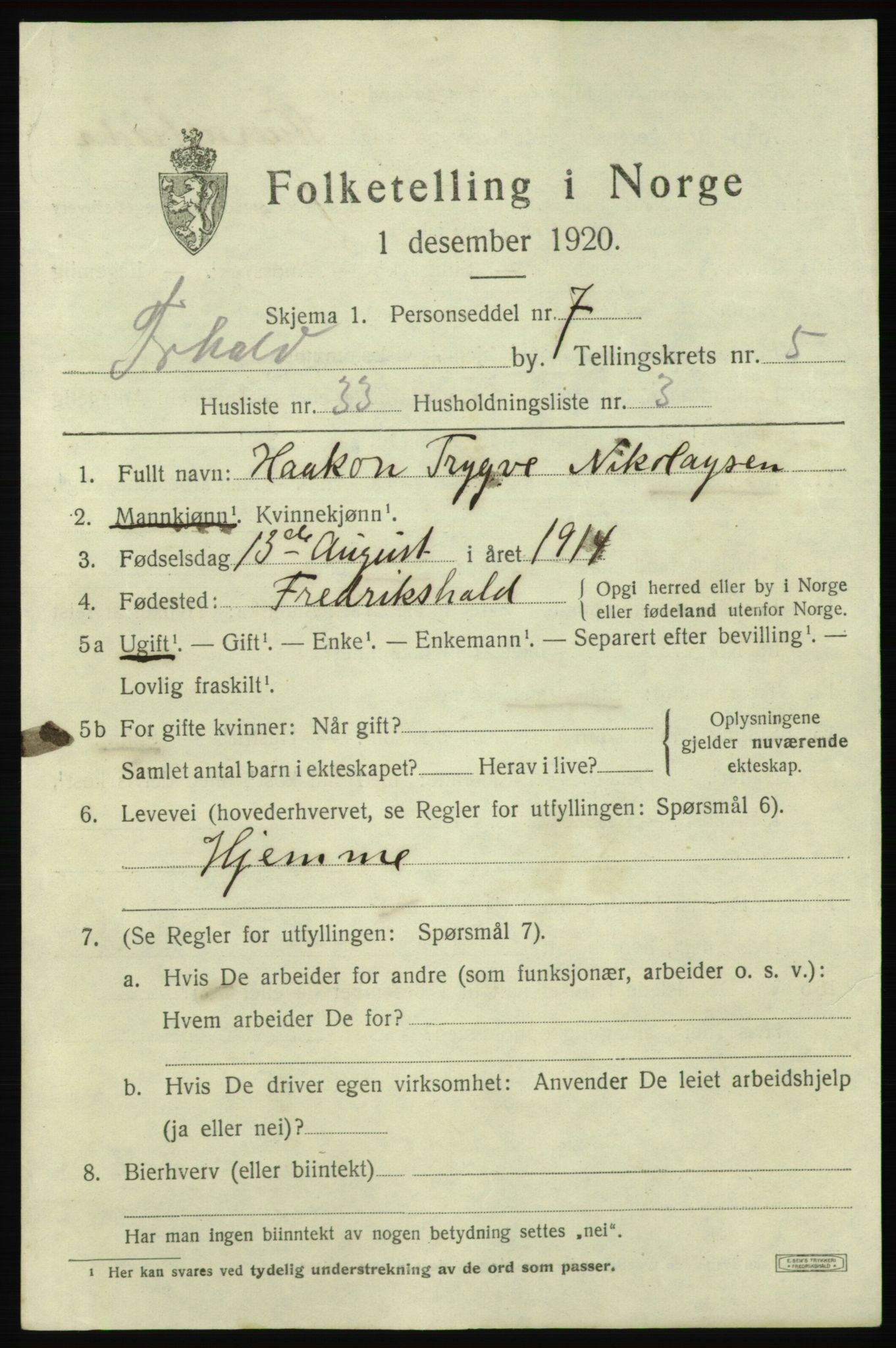 SAO, 1920 census for Fredrikshald, 1920, p. 12809