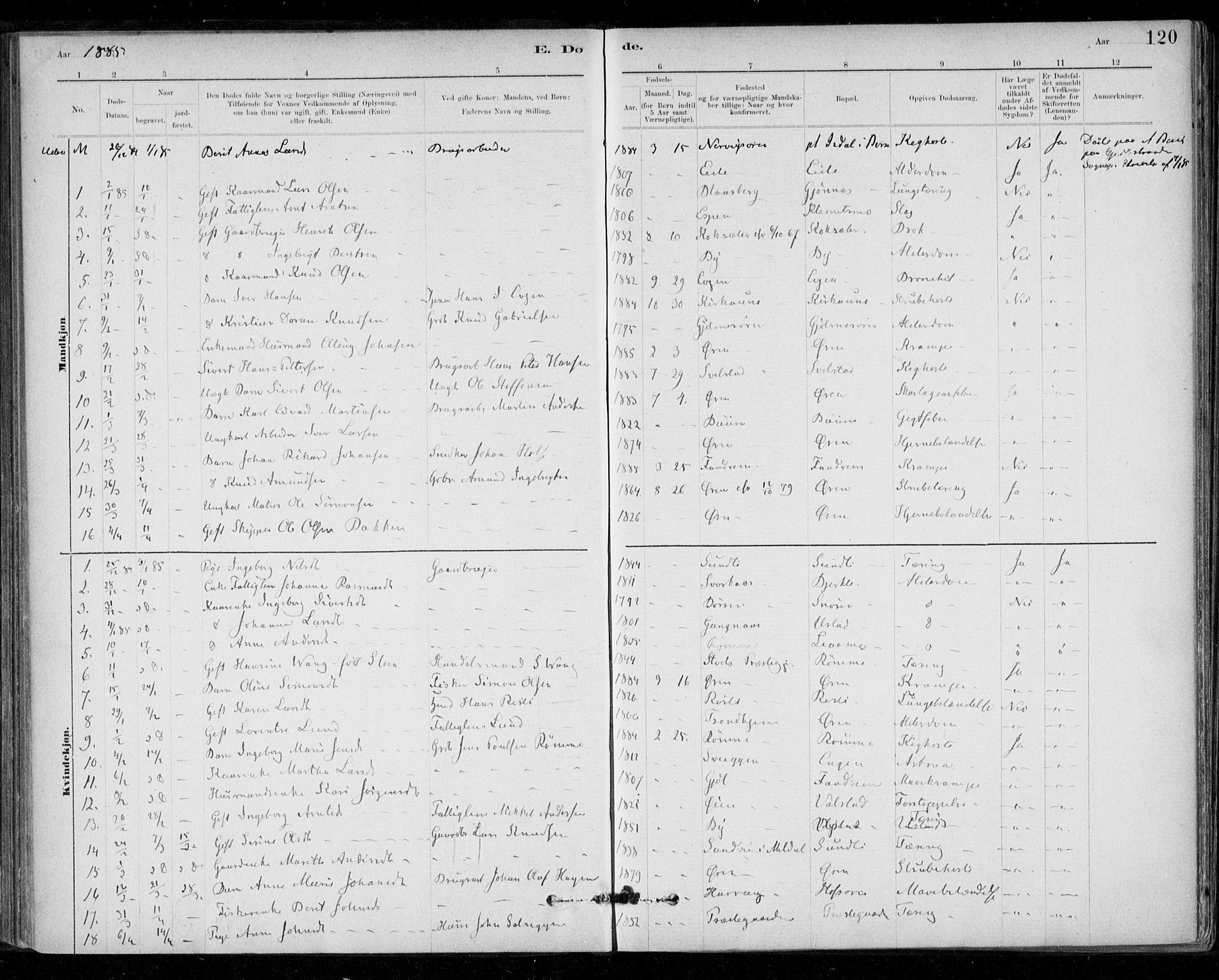 Ministerialprotokoller, klokkerbøker og fødselsregistre - Sør-Trøndelag, SAT/A-1456/668/L0810: Parish register (official) no. 668A10, 1881-1894, p. 120