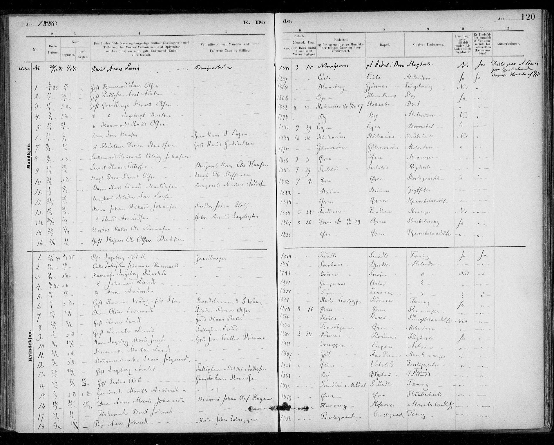 Ministerialprotokoller, klokkerbøker og fødselsregistre - Sør-Trøndelag, AV/SAT-A-1456/668/L0810: Parish register (official) no. 668A10, 1881-1894, p. 120