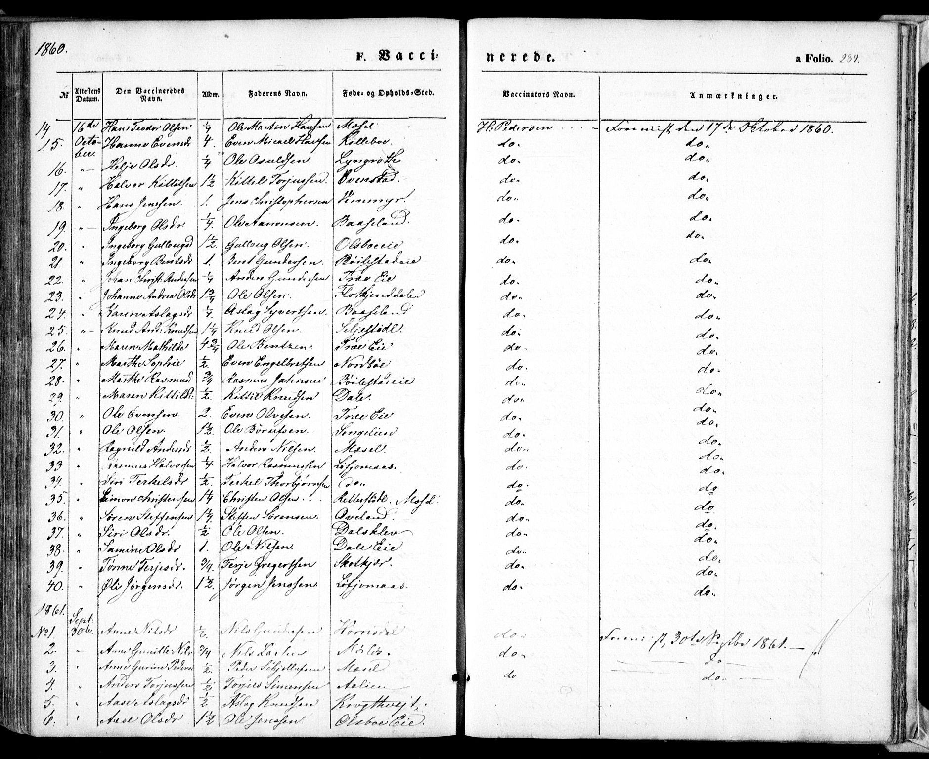 Froland sokneprestkontor, AV/SAK-1111-0013/F/Fa/L0002: Parish register (official) no. A 2, 1845-1863, p. 284