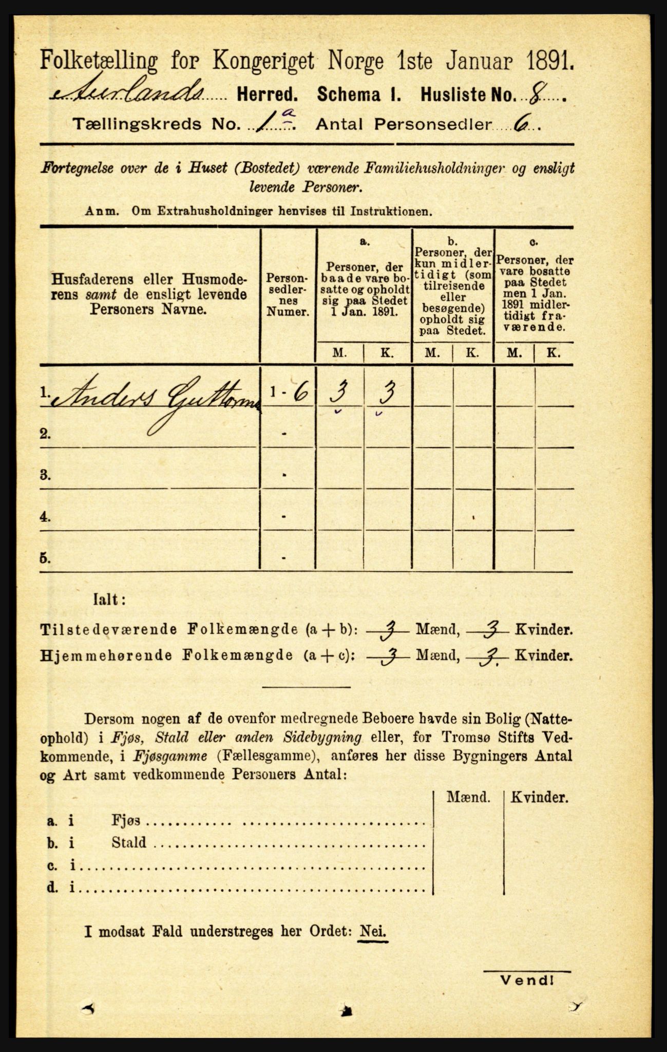 RA, 1891 census for 1421 Aurland, 1891, p. 27