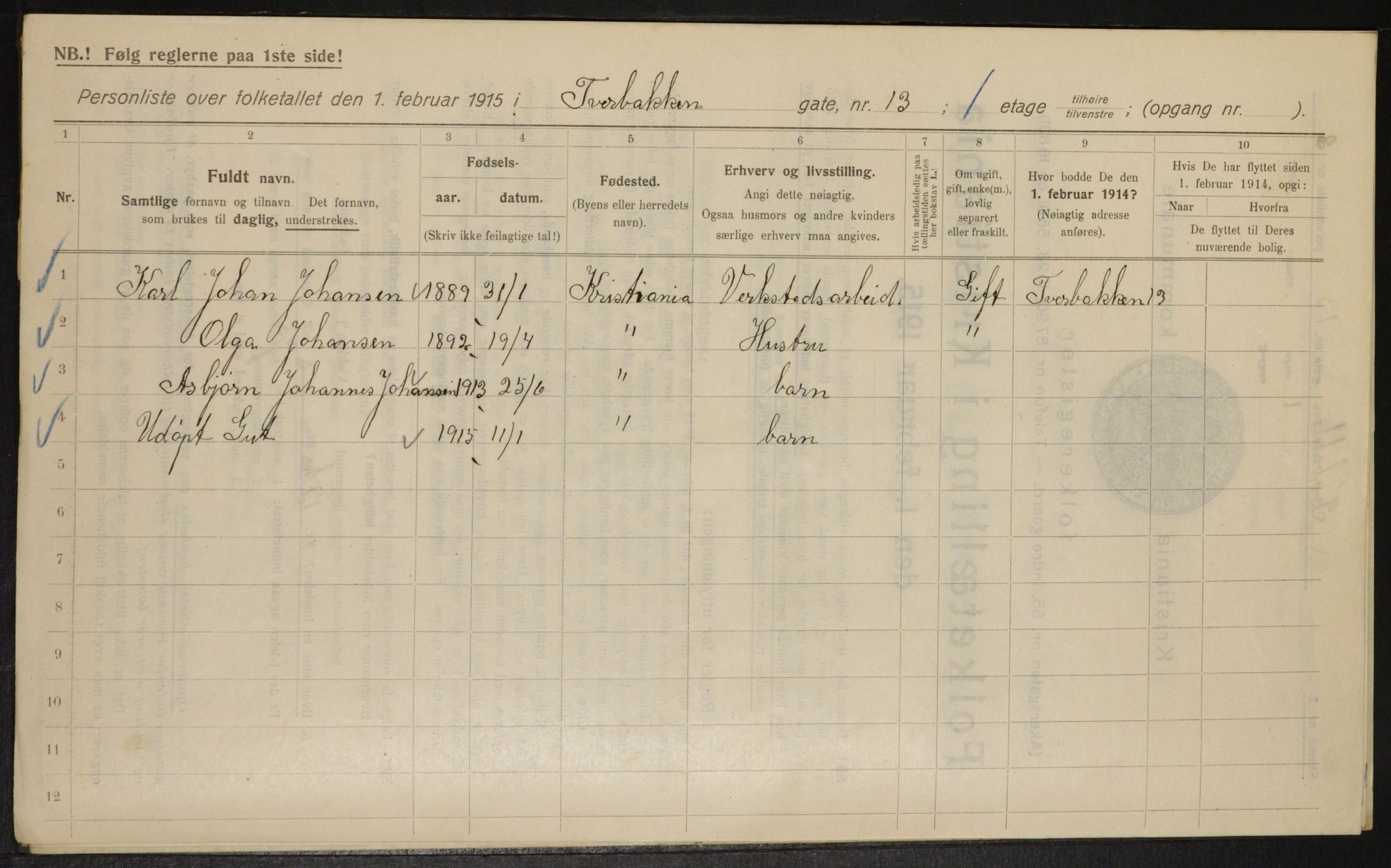 OBA, Municipal Census 1915 for Kristiania, 1915, p. 117689