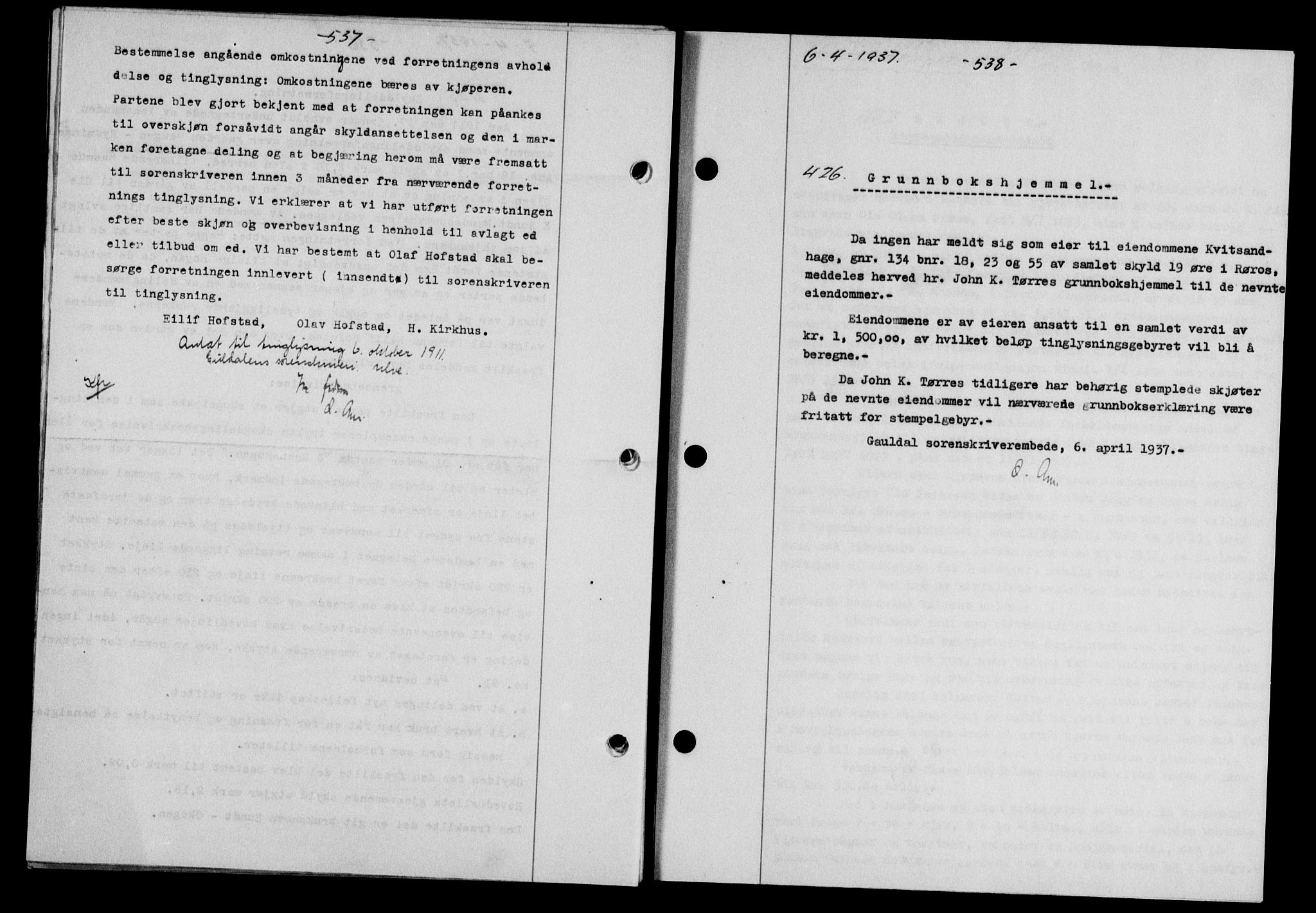 Gauldal sorenskriveri, SAT/A-0014/1/2/2C/L0047: Mortgage book no. 50-51, 1937-1937, Diary no: : 426/1937