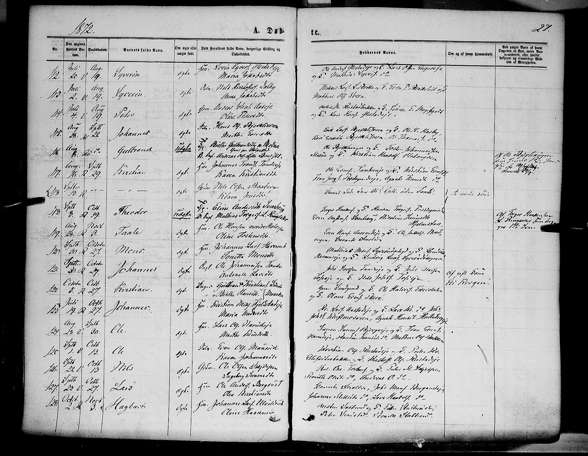 Ringsaker prestekontor, AV/SAH-PREST-014/K/Ka/L0011: Parish register (official) no. 11, 1870-1878, p. 27