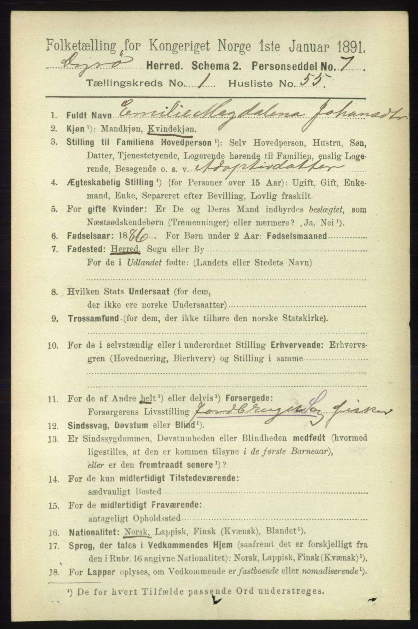 RA, 1891 census for 1926 Dyrøy, 1891, p. 409