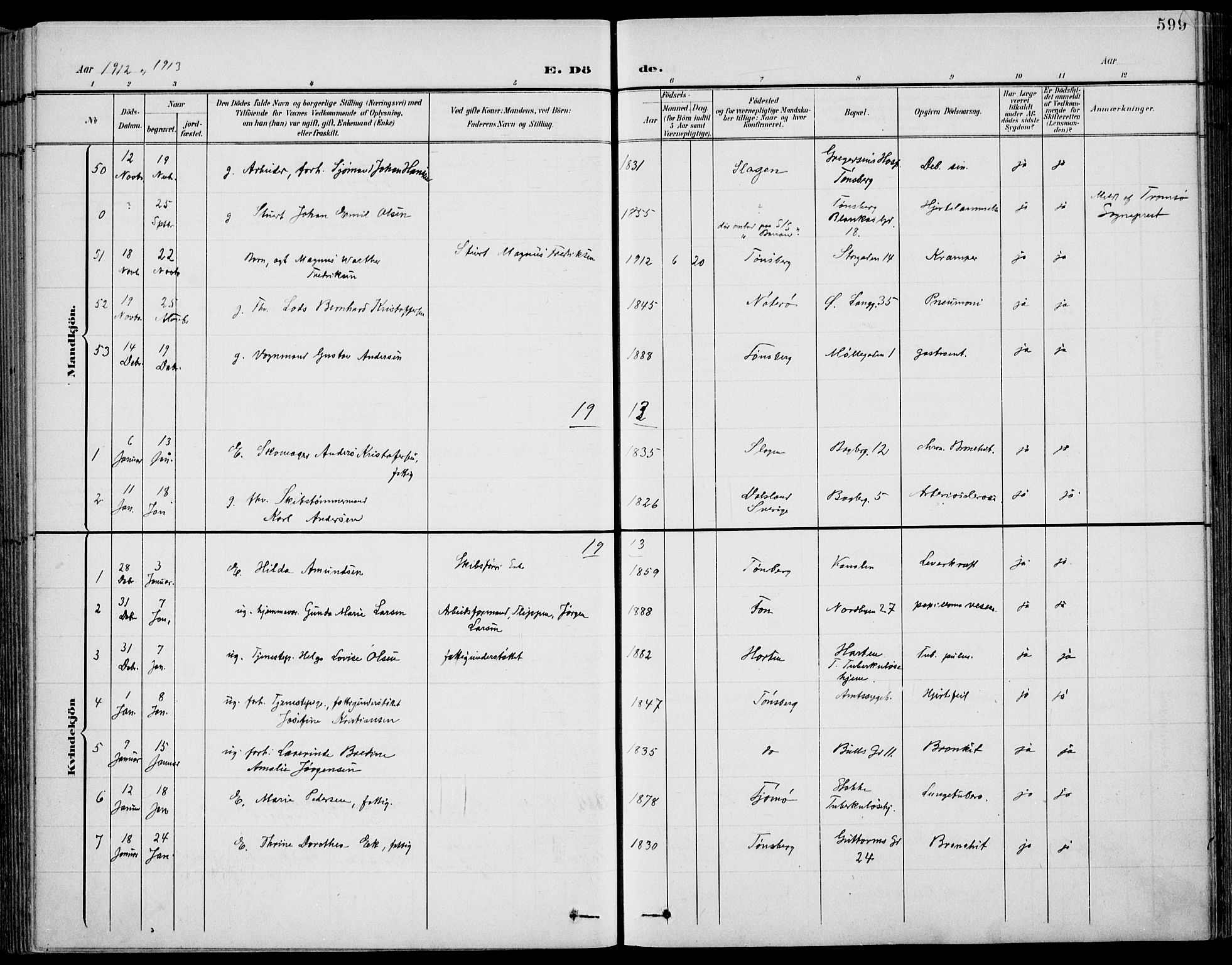 Tønsberg kirkebøker, AV/SAKO-A-330/F/Fa/L0013: Parish register (official) no. I 13, 1900-1913, p. 599