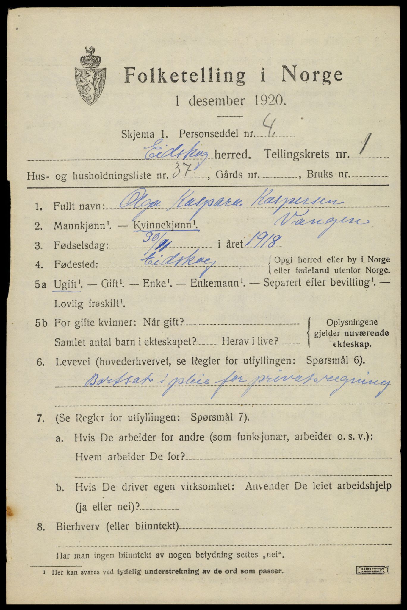 SAH, 1920 census for Eidskog, 1920, p. 2833