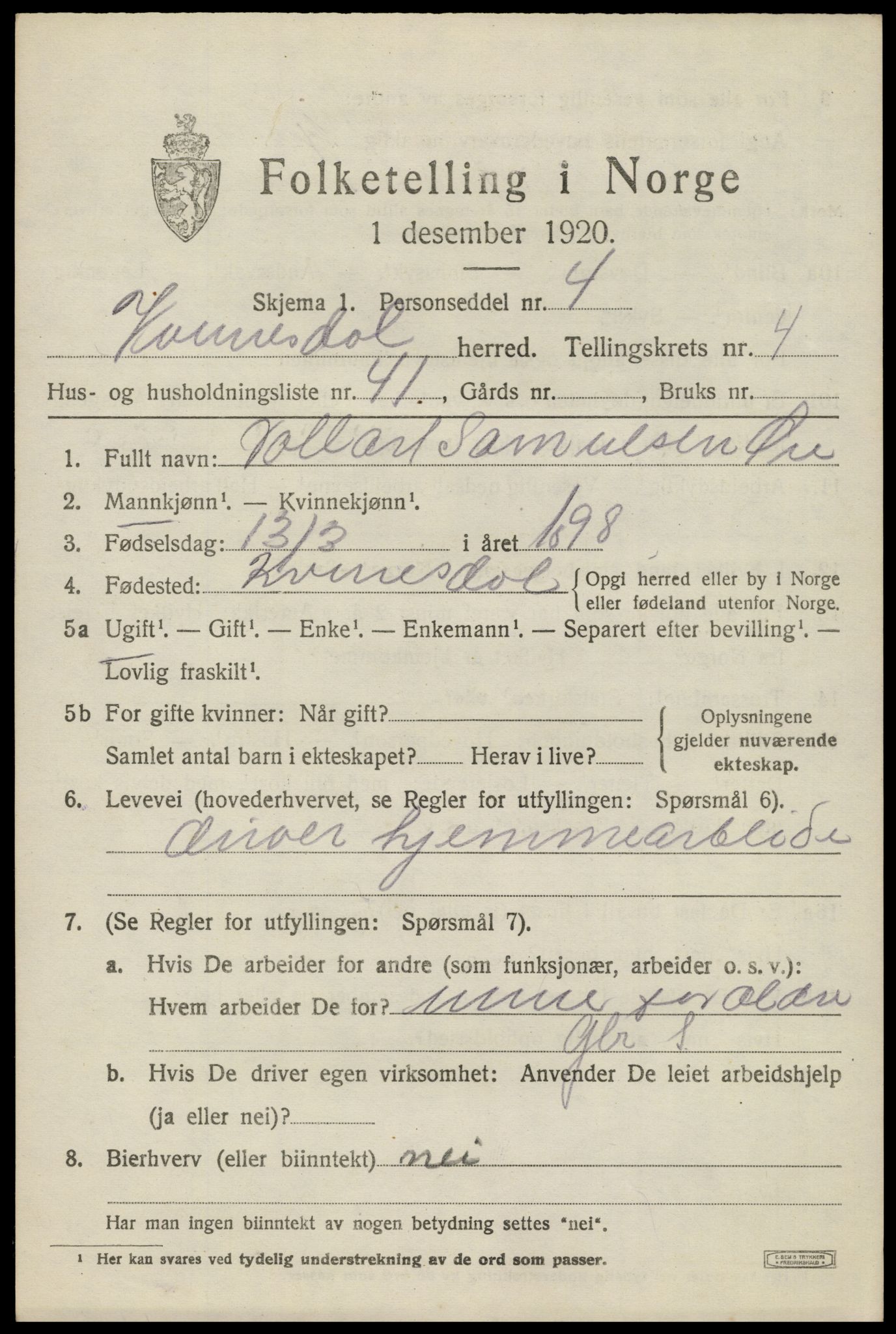 SAK, 1920 census for Kvinesdal, 1920, p. 4875